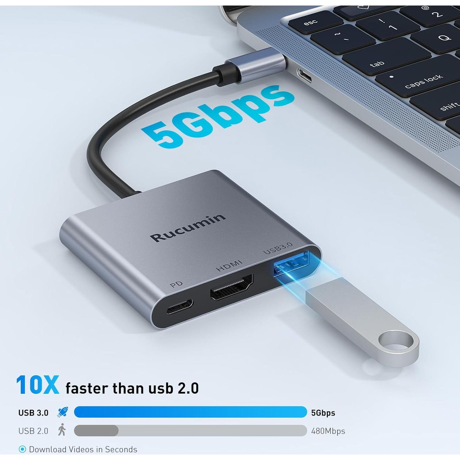 Adaptador USB C a HDMI 4K Rucumin con 100W PD y USB 3.0