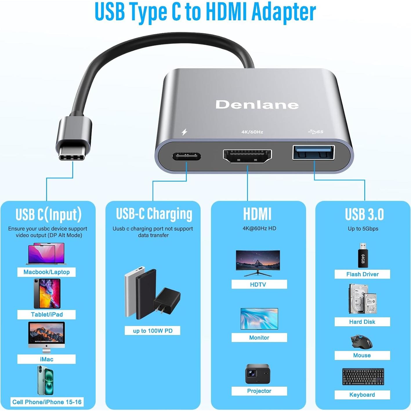 Adaptador USB-C a HDMI 4K Denlane con USB 3.0 y Carga 100W