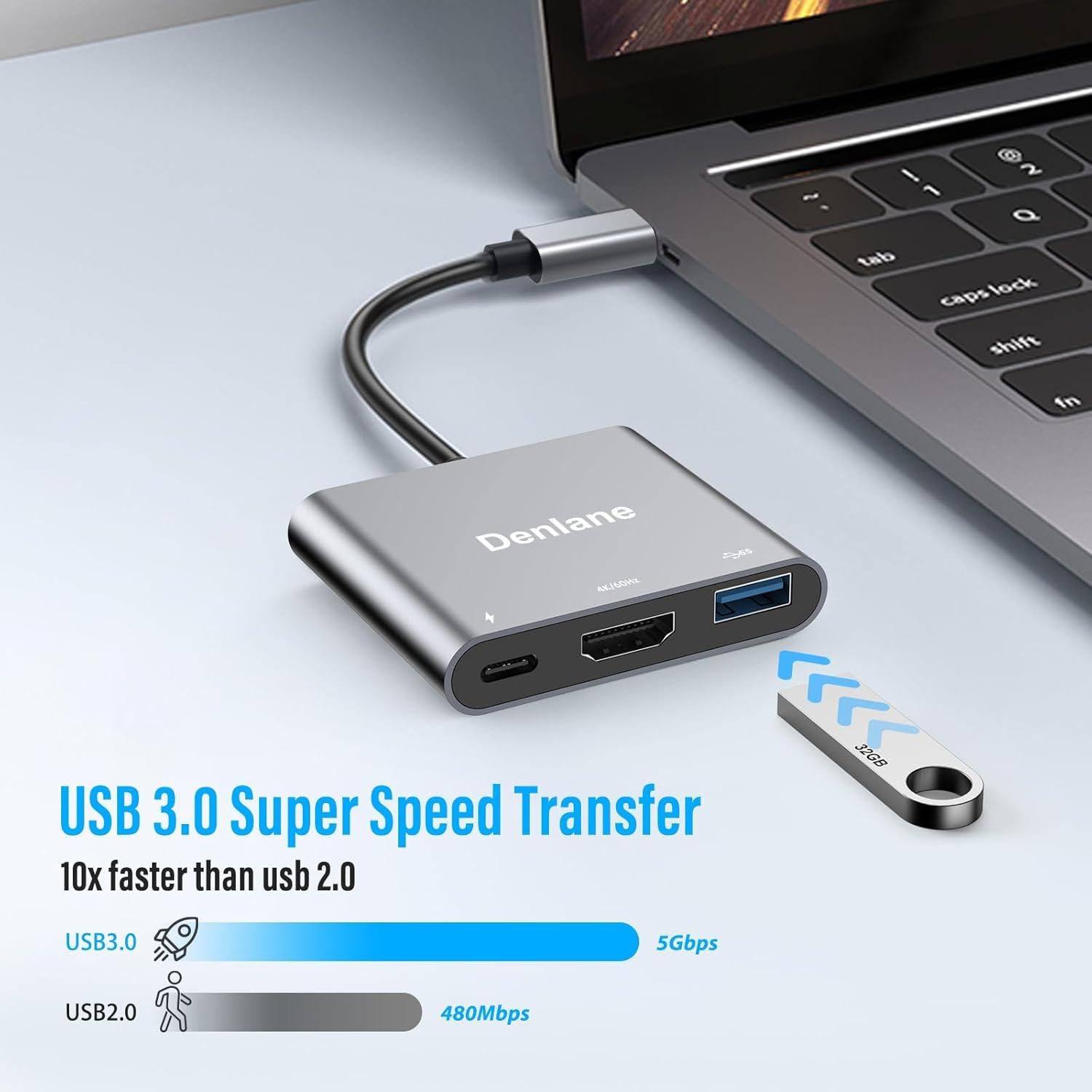 Adaptador USB-C a HDMI 4K Denlane con USB 3.0 y Carga 100W