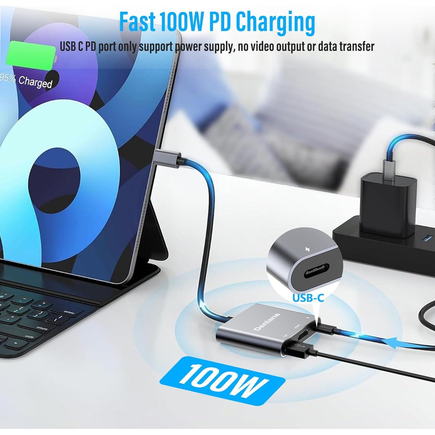 Adaptador USB-C a HDMI 4K Denlane con USB 3.0 y Carga 100W