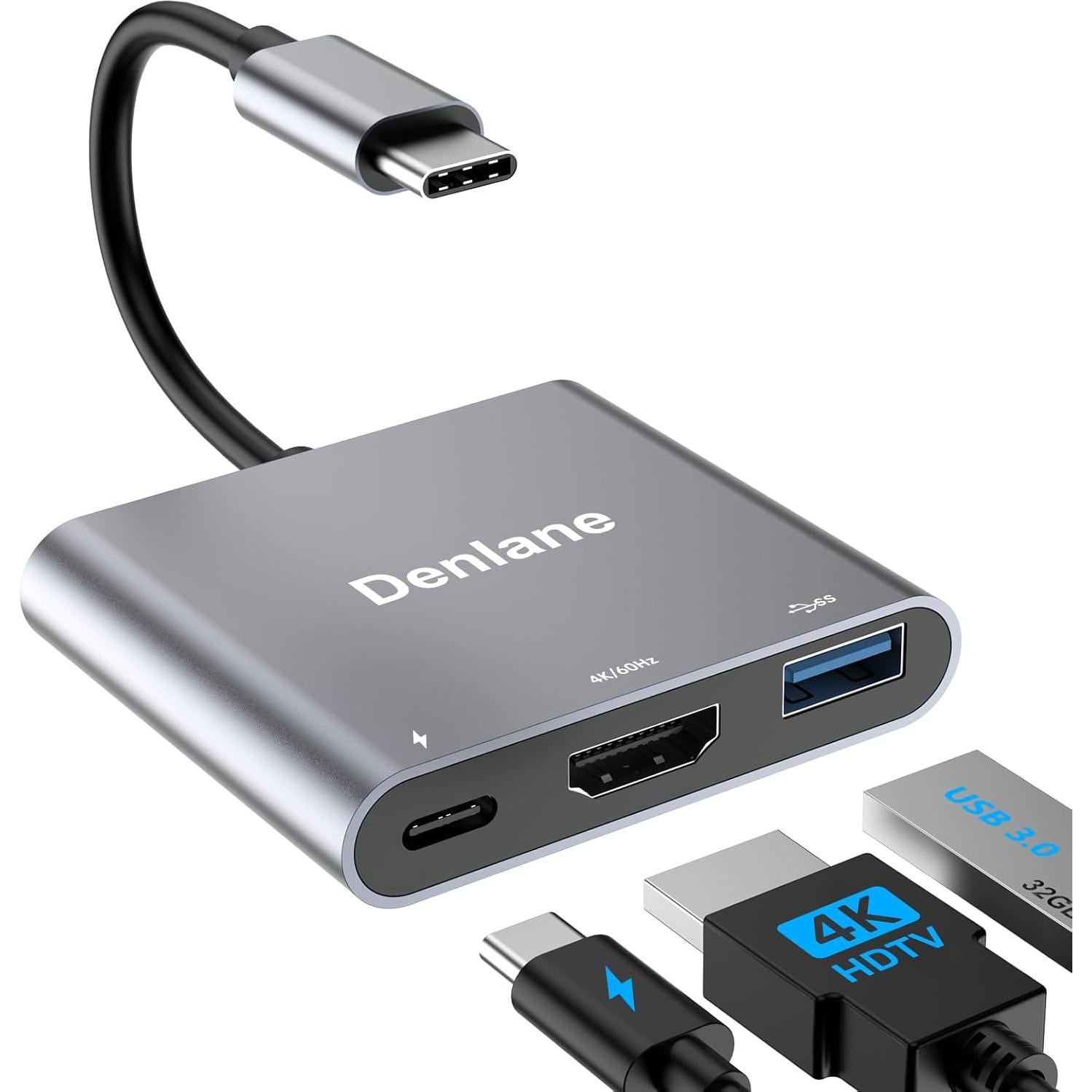 Adaptador USB-C a HDMI 4K Denlane con USB 3.0 y Carga 100W