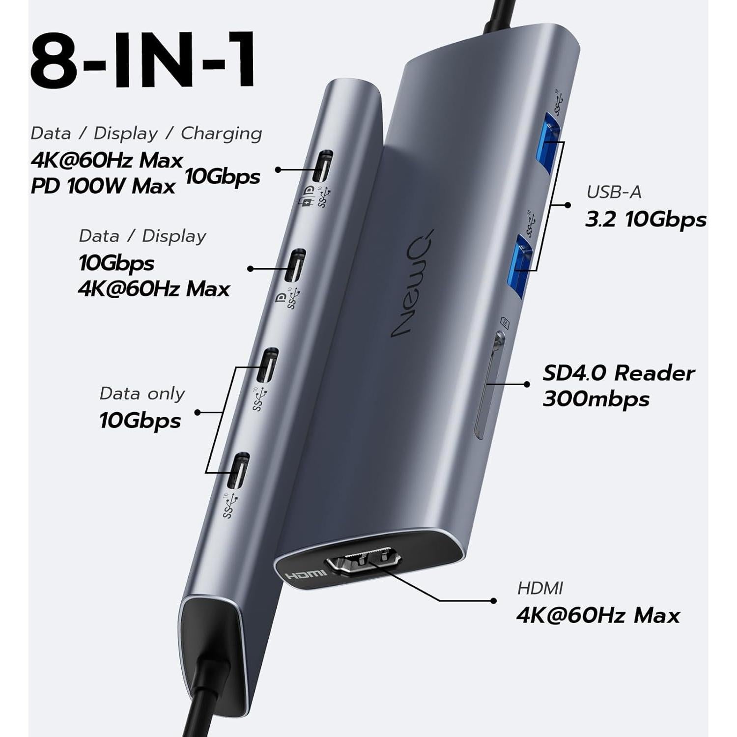 Hub USB-C NewQ para Monitores Duales 4K, 10Gbps, 6 Puertos