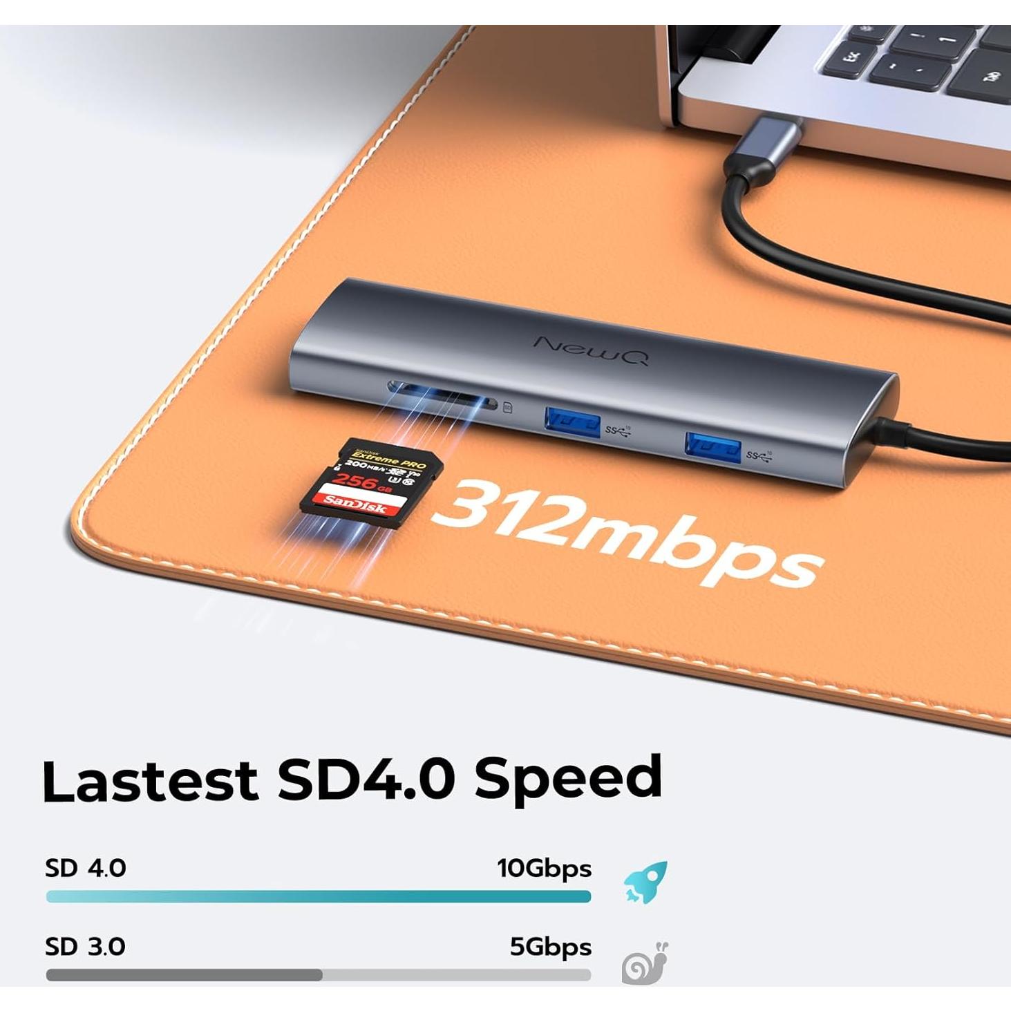 Hub USB-C NewQ para Monitores Duales 4K, 10Gbps, 6 Puertos