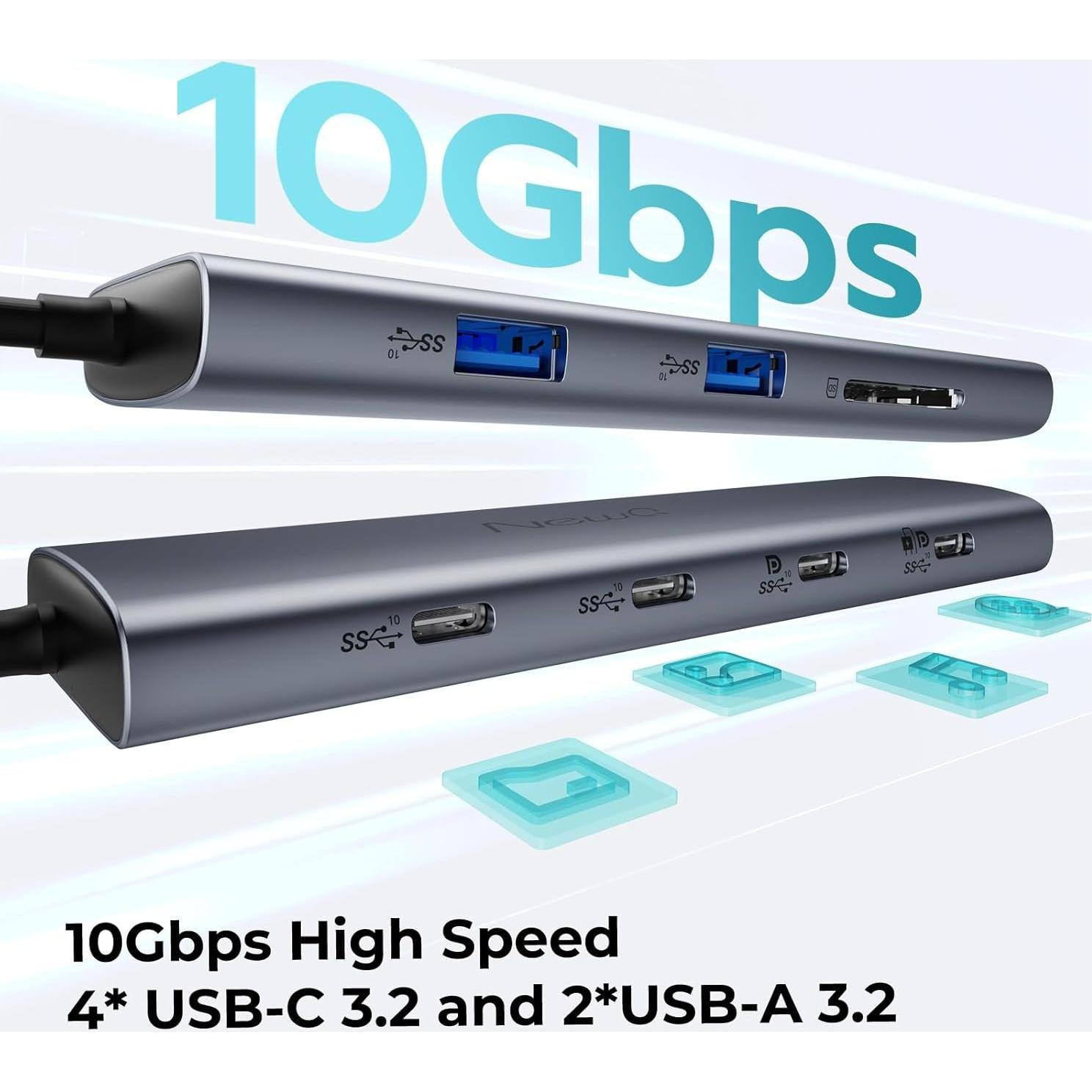 Hub USB-C NewQ para Monitores Duales 4K, 10Gbps, 6 Puertos