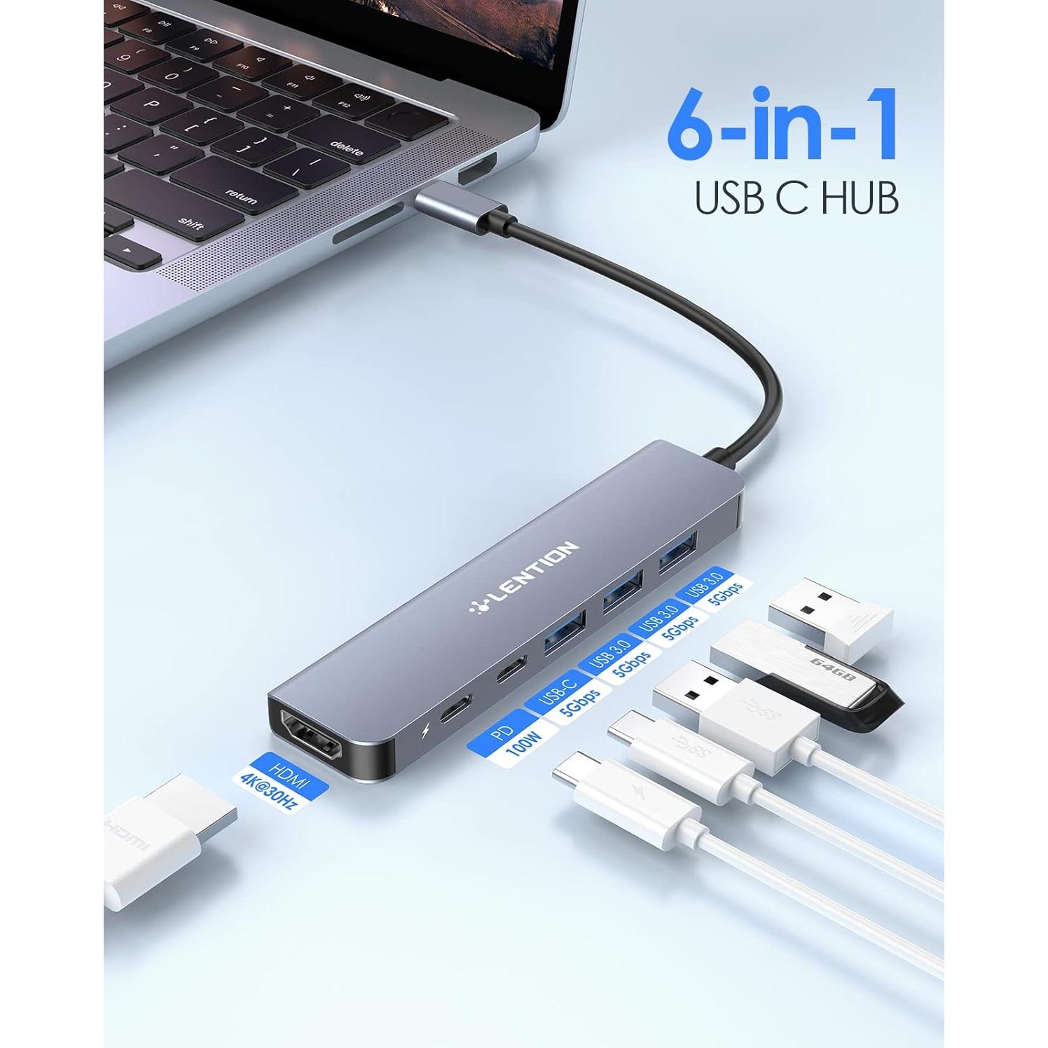 Hub USB C Lention CE35s 6 en 1 con HDMI 4K y 3 USB-A
