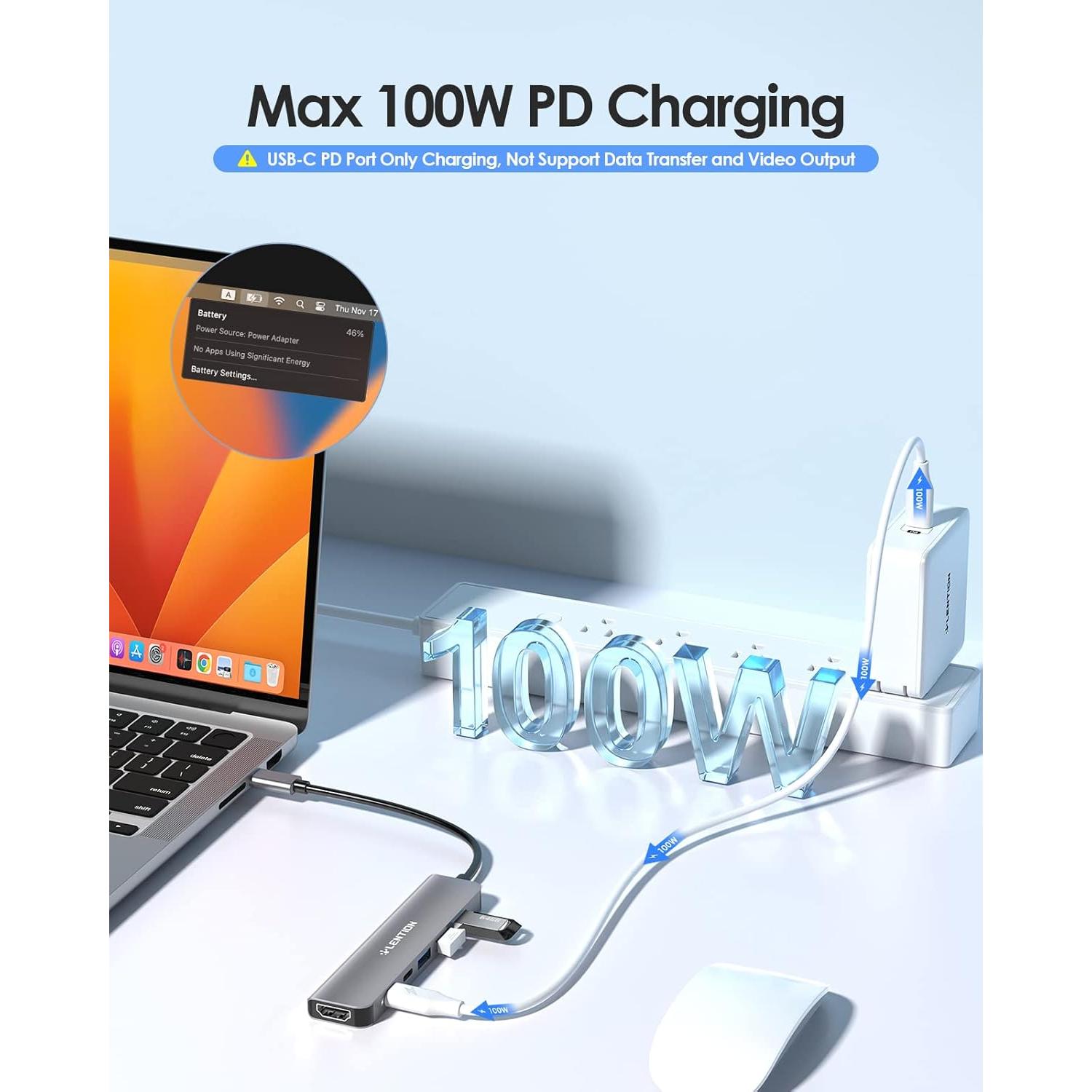 Hub USB C Lention CE35s 6 en 1 con HDMI 4K y 3 USB-A