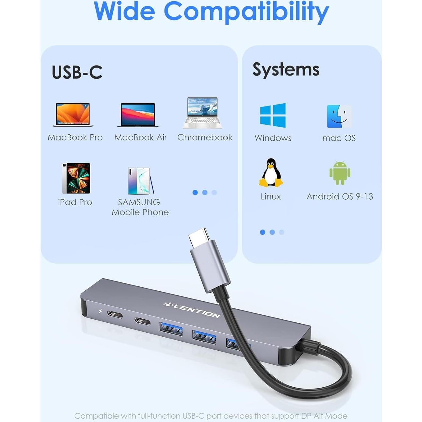 Hub USB C Lention CE35s 6 en 1 con HDMI 4K y 3 USB-A