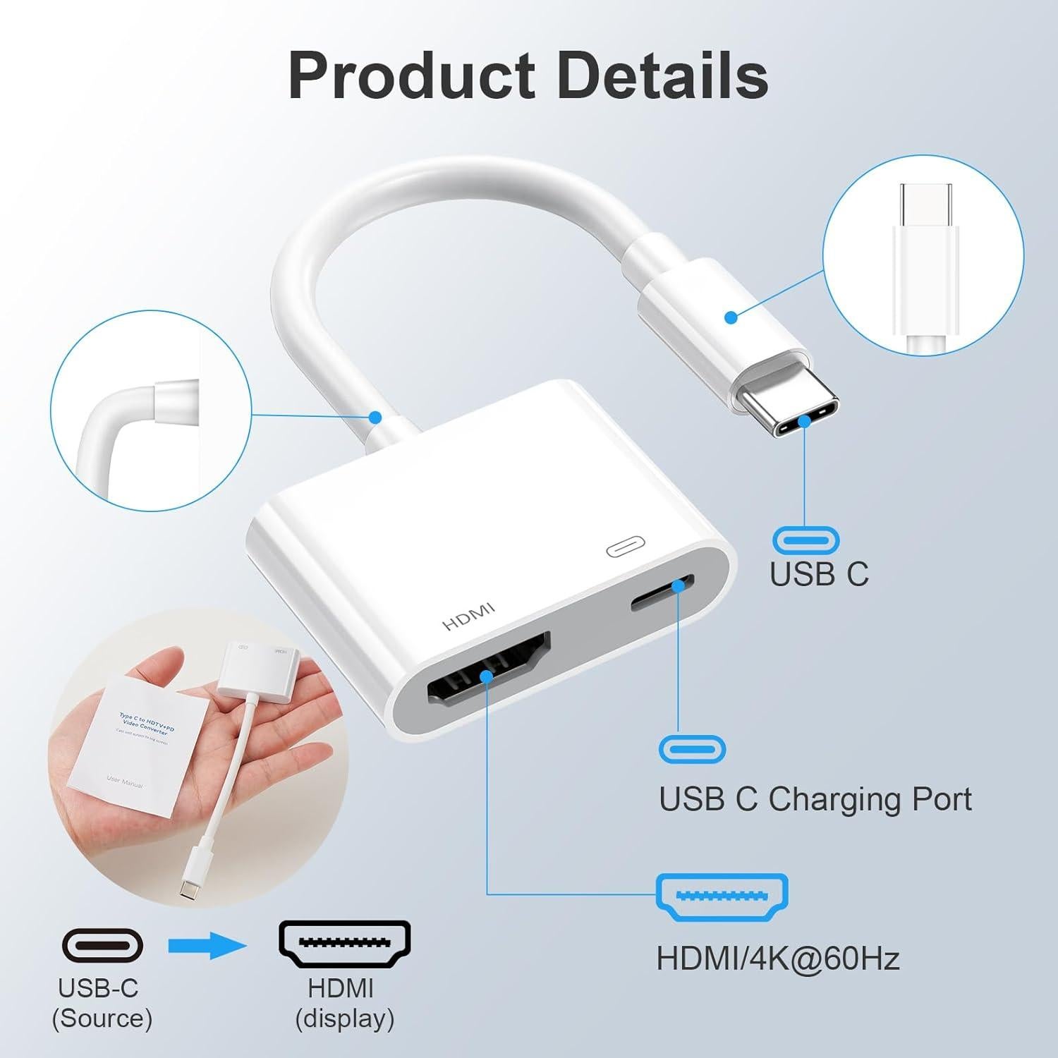 Adaptador USB C a HDMI SUPVOL 4K para iPhone 15/16 y MacBook