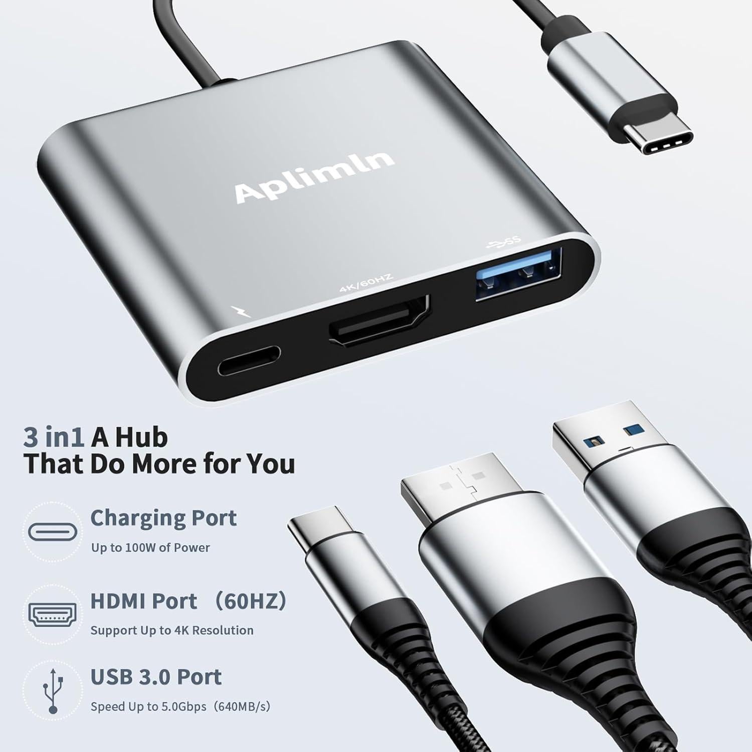 Adaptador USB-C a HDMI 4K Aplimln con USB-A y PD 100W