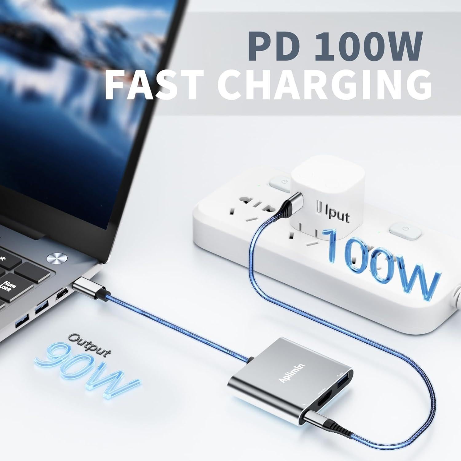 Adaptador USB-C a HDMI 4K Aplimln con USB-A y PD 100W