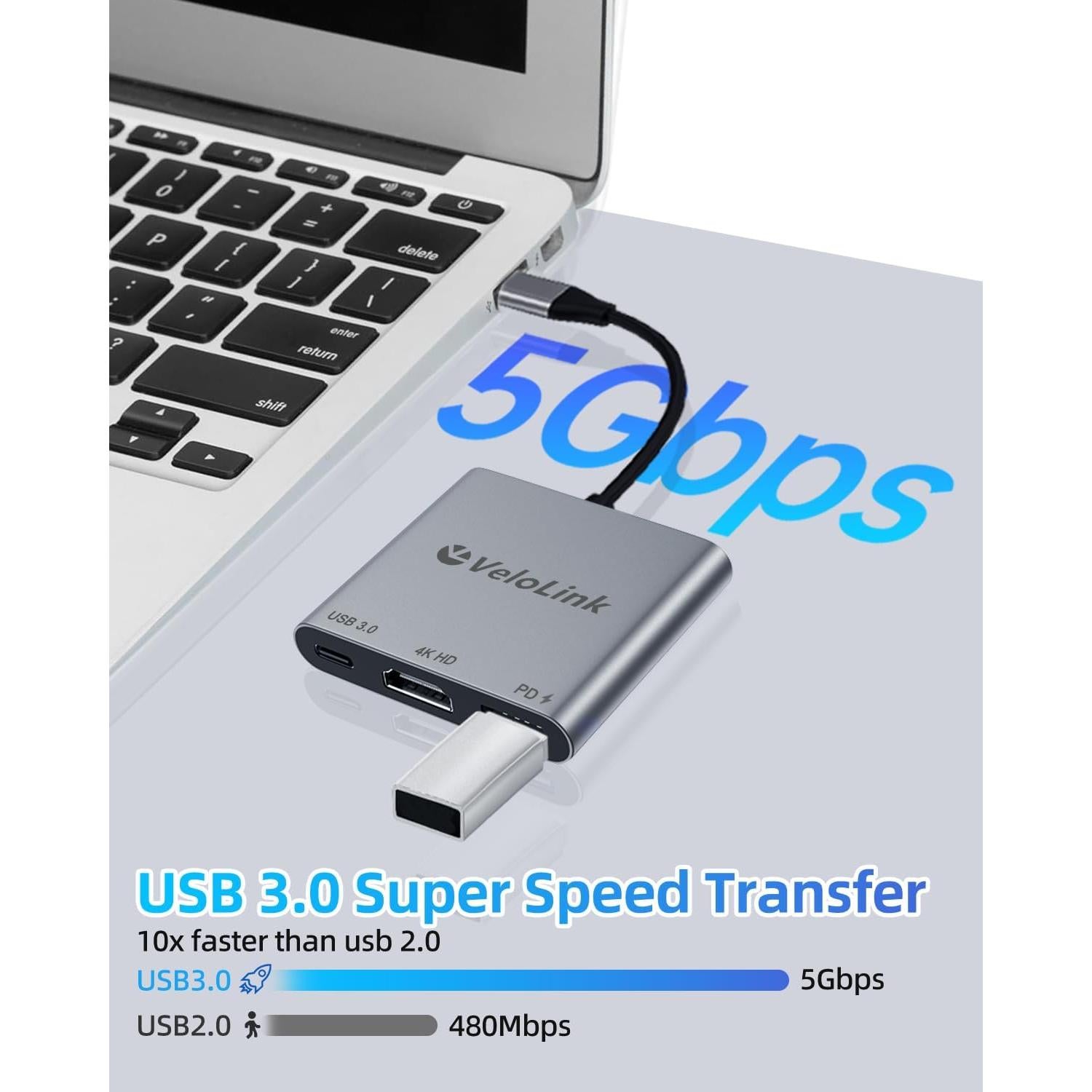 Adaptador USB-C a HDMI 4K 100W PD VELOLINK 3 en 1