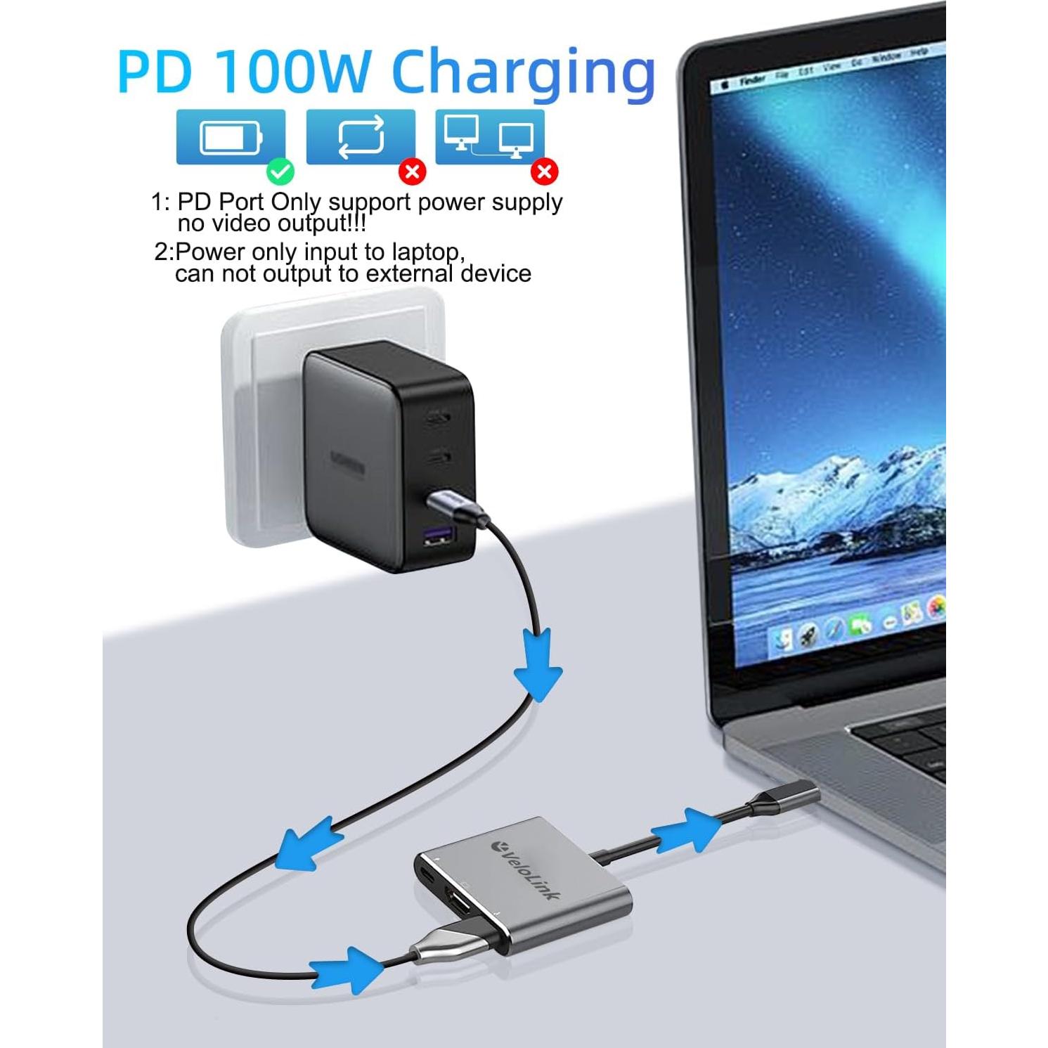 Adaptador USB-C a HDMI 4K 100W PD VELOLINK 3 en 1