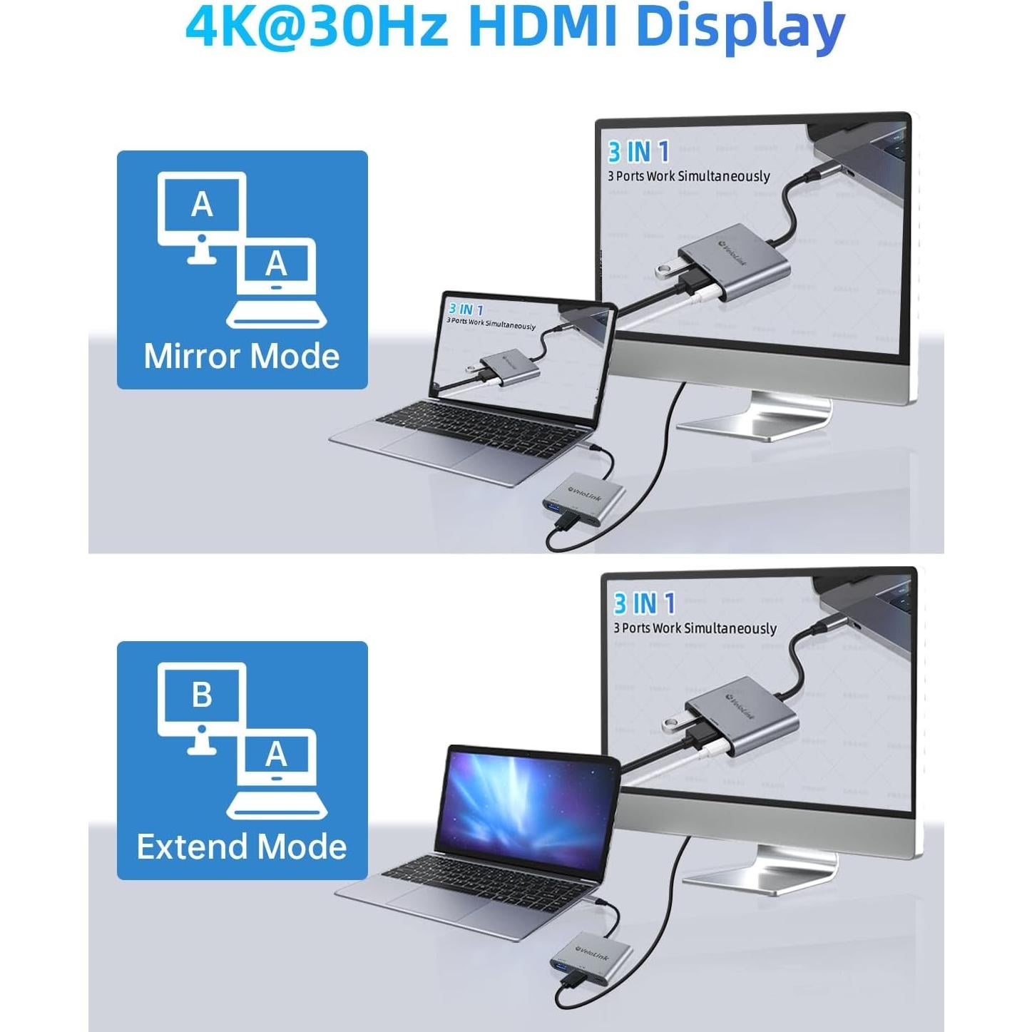 Adaptador USB-C a HDMI 4K 100W PD VELOLINK 3 en 1