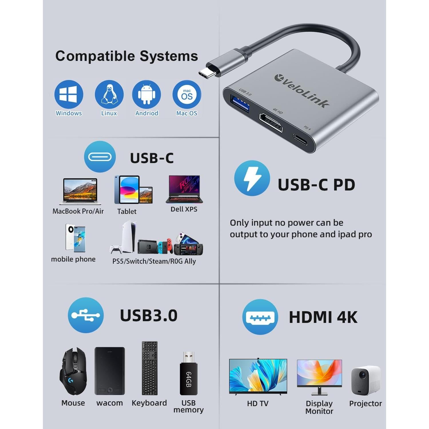 Adaptador USB-C a HDMI 4K 100W PD VELOLINK 3 en 1