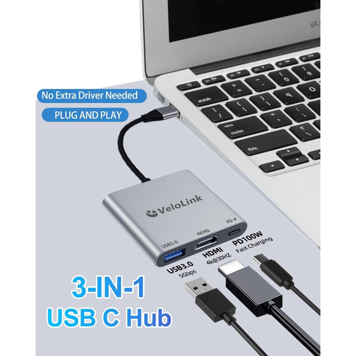 Adaptador USB-C a HDMI 4K 100W PD VELOLINK 3 en 1