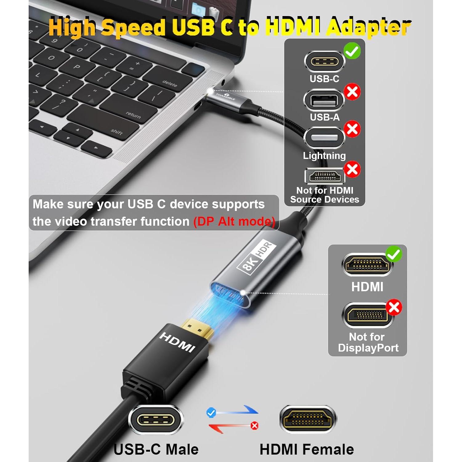Adaptador USB C a HDMI 2.1 THANDBLE 8K 60Hz Plug and Play
