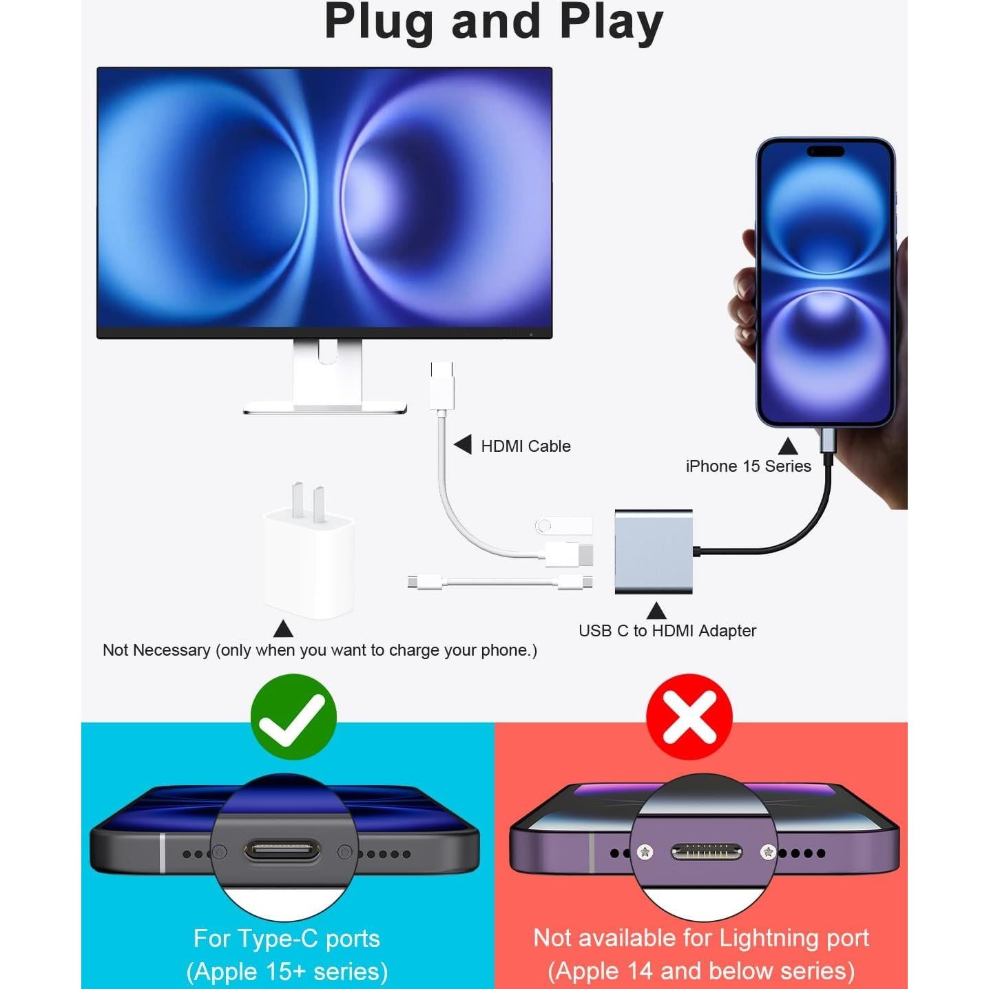 Adaptador USB-C a HDMI Gmeaou para iPhone 15, 4K 30Hz