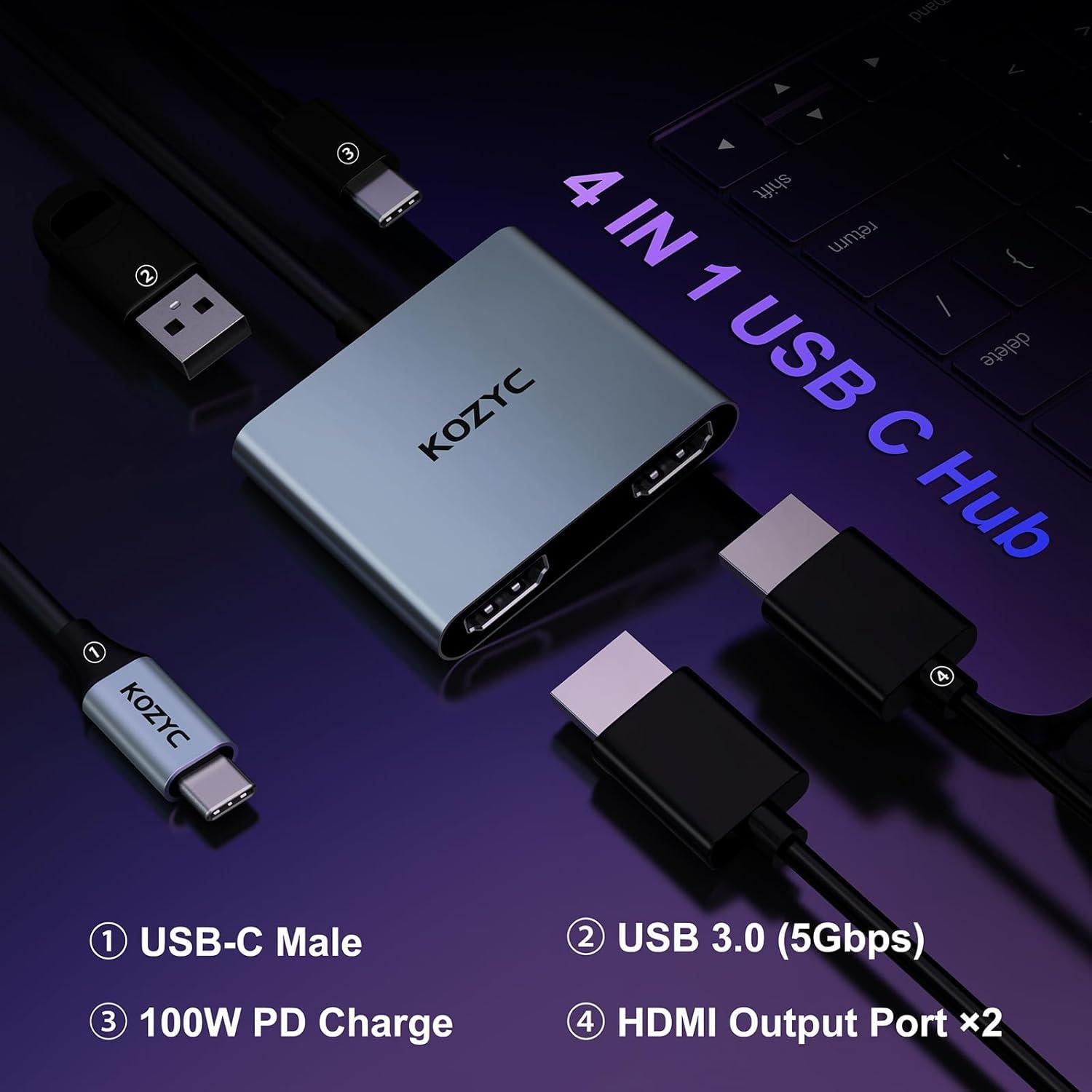 Adaptador USB C a Doble HDMI 4K KOZYC Hub 4 en 1 Plata