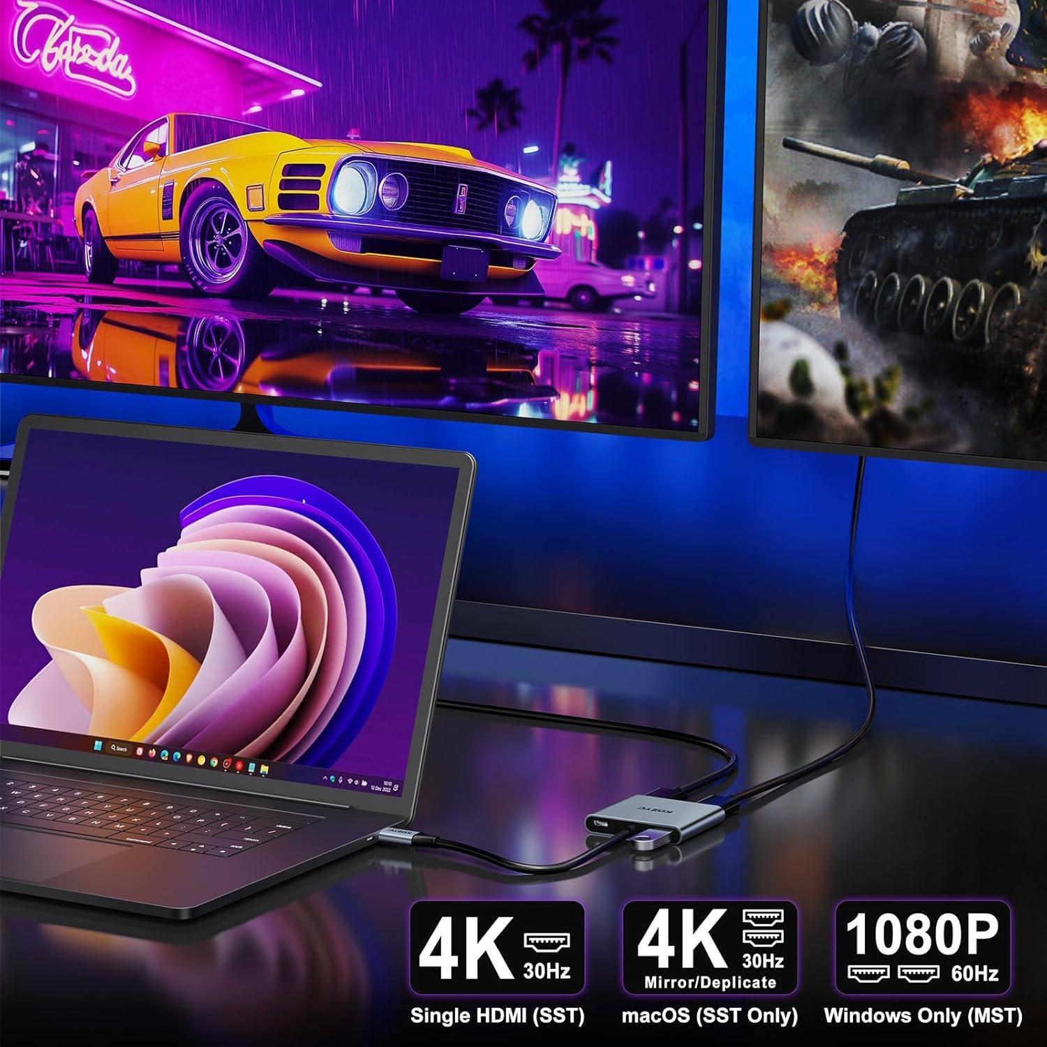 Adaptador USB C a Doble HDMI 4K KOZYC Hub 4 en 1 Plata