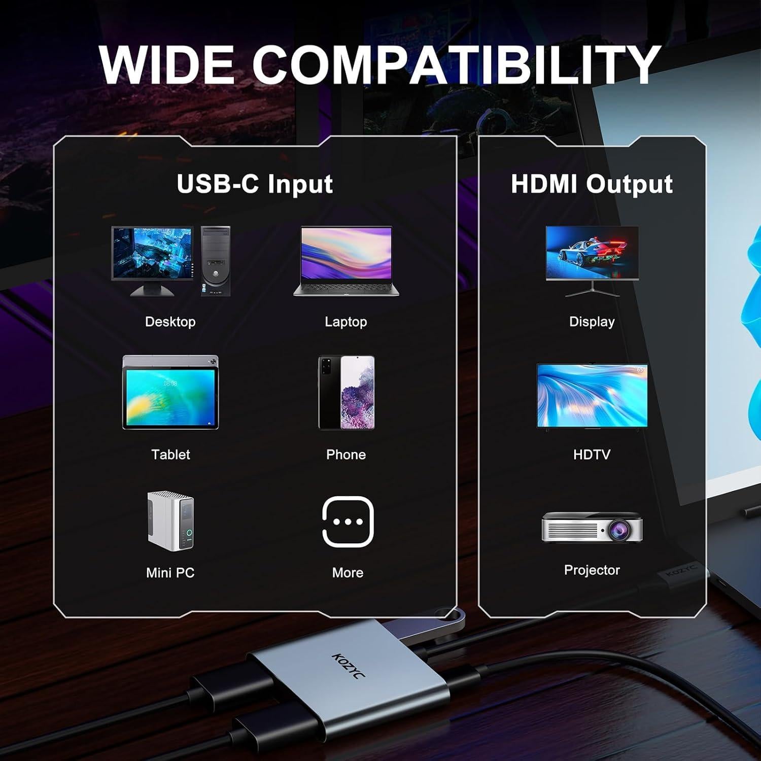 Adaptador USB C a Doble HDMI 4K KOZYC Hub 4 en 1 Plata