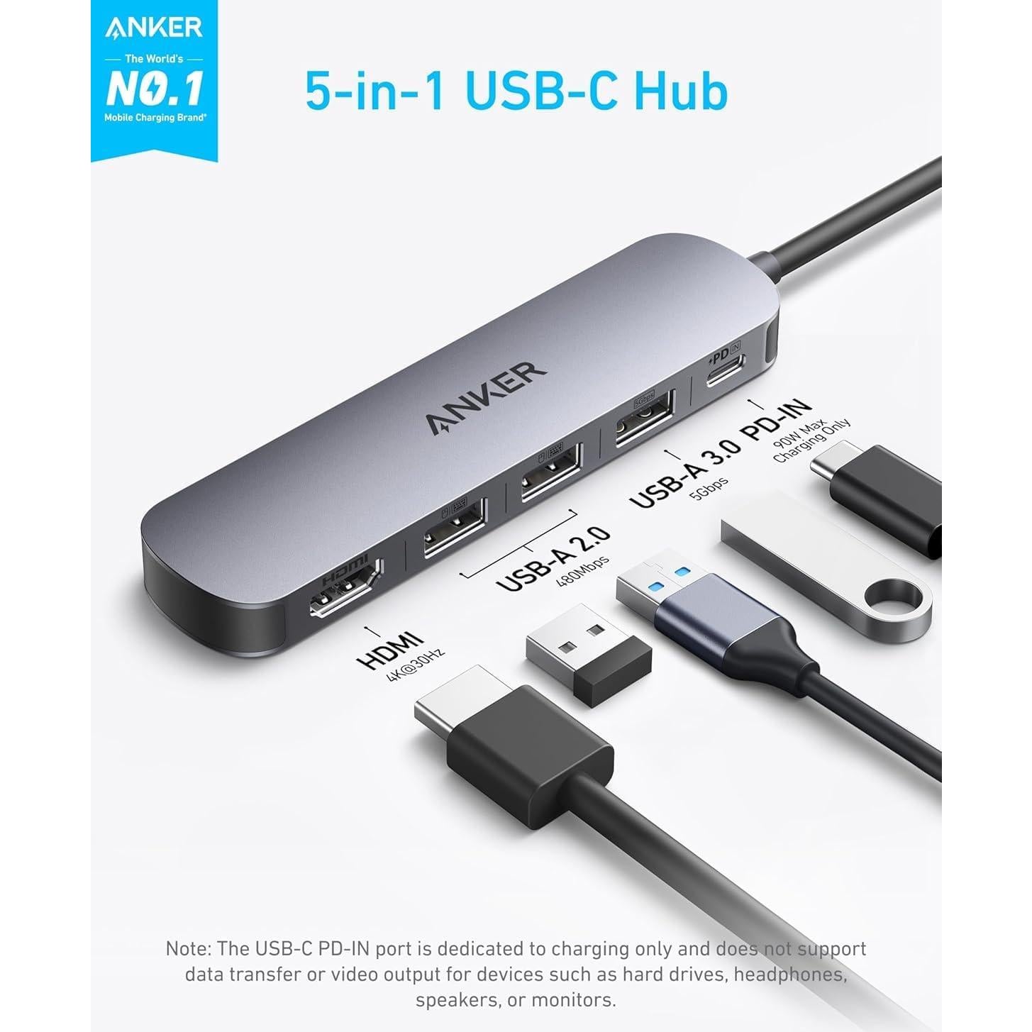 Hub USB-C Anker 5-en-1 HDMI 4K, Carga 90W, Compacto