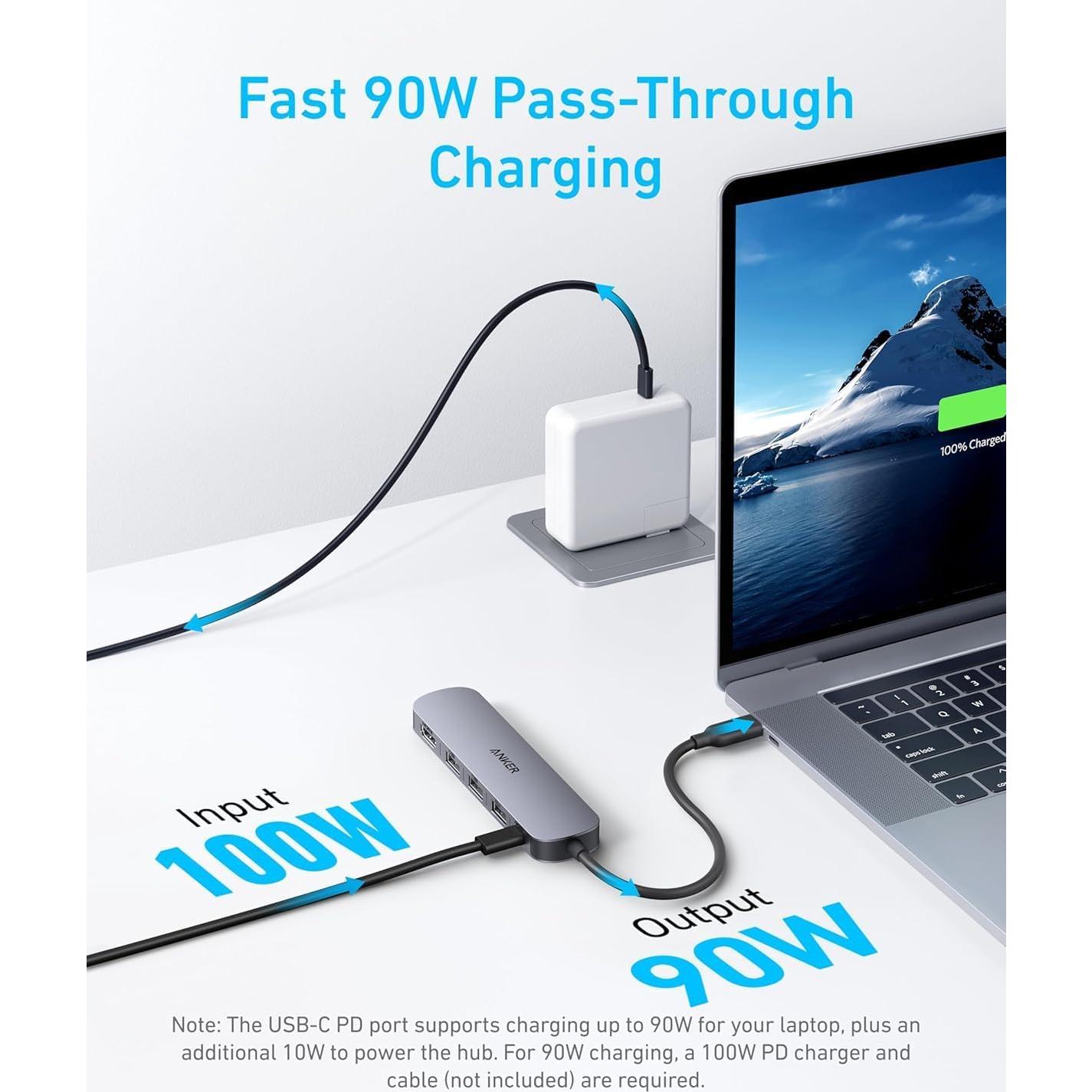 Hub USB-C Anker 5-en-1 HDMI 4K, Carga 90W, Compacto