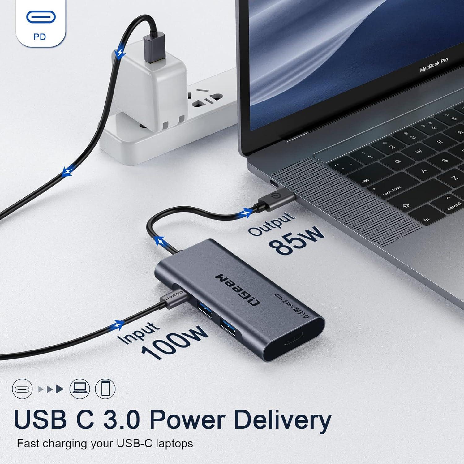 Hub USB C 7 en 1 QGeeM con HDMI 4K, 100W PD, Gris