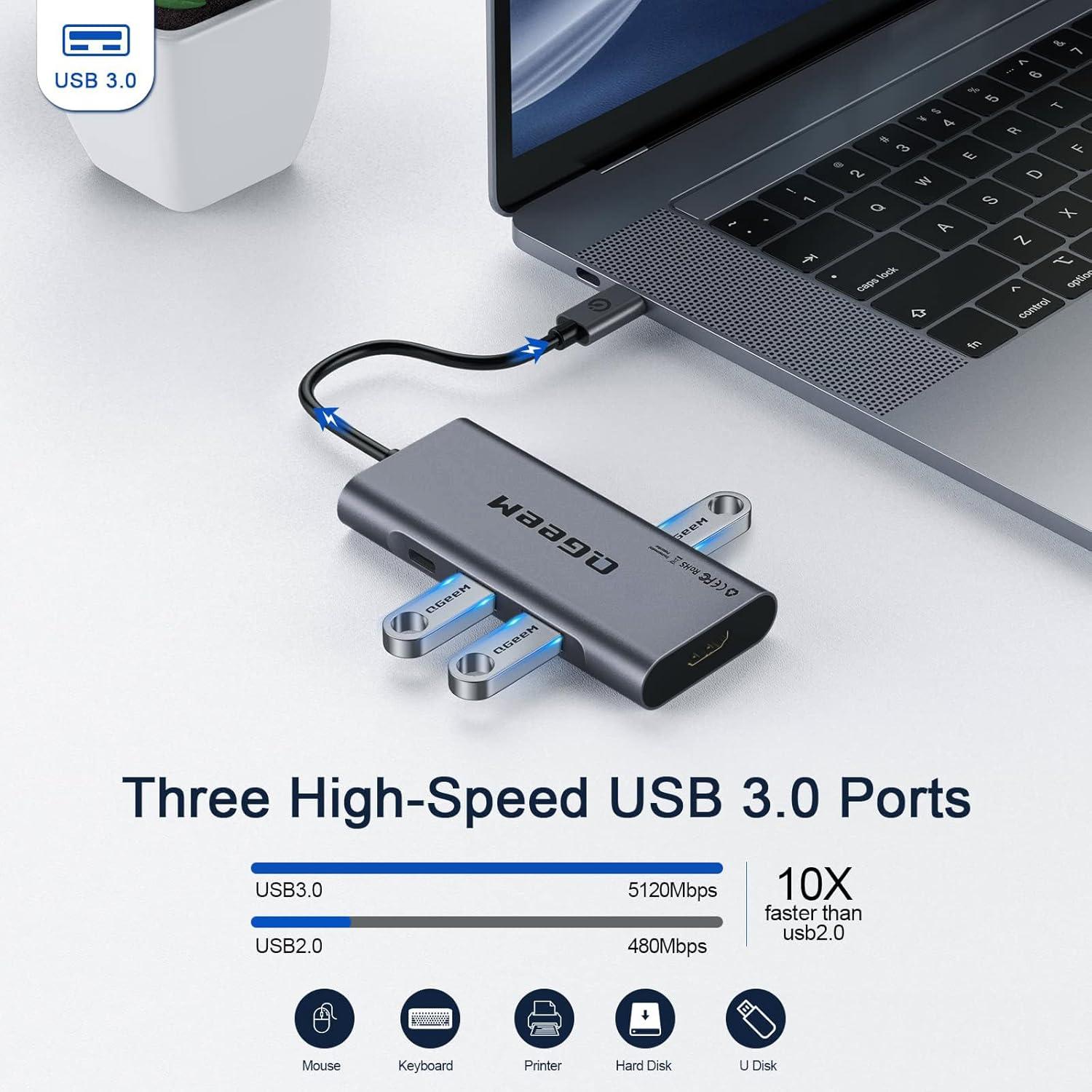 Hub USB C 7 en 1 QGeeM con HDMI 4K, 100W PD, Gris
