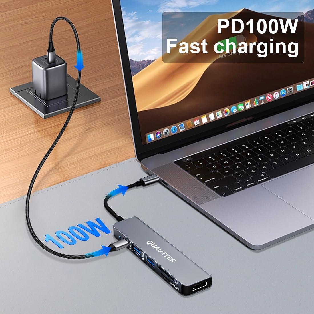 Adaptador Multiport USB C QUATYER 6 en 1 HDMI 4K 100W PD