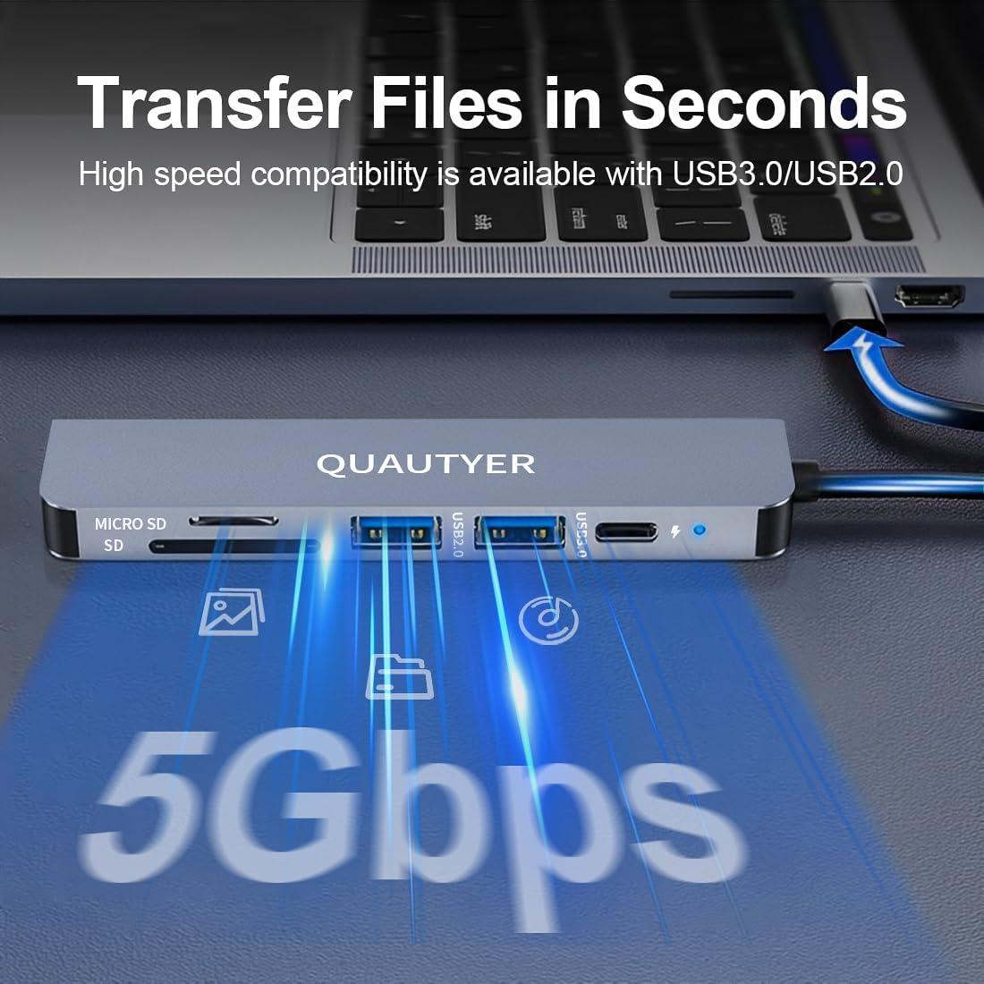 Adaptador Multiport USB C QUATYER 6 en 1 HDMI 4K 100W PD