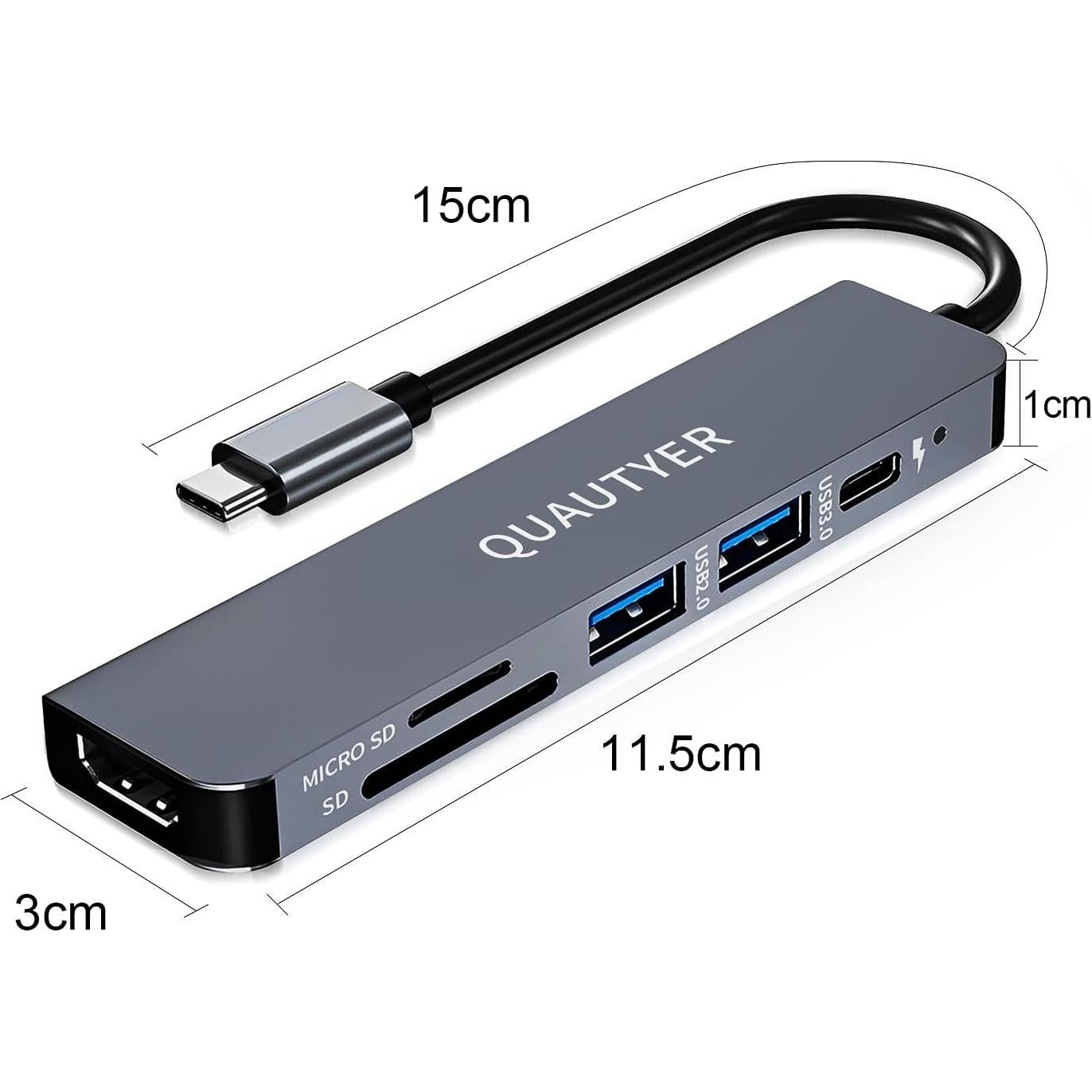 Adaptador Multiport USB C QUATYER 6 en 1 HDMI 4K 100W PD