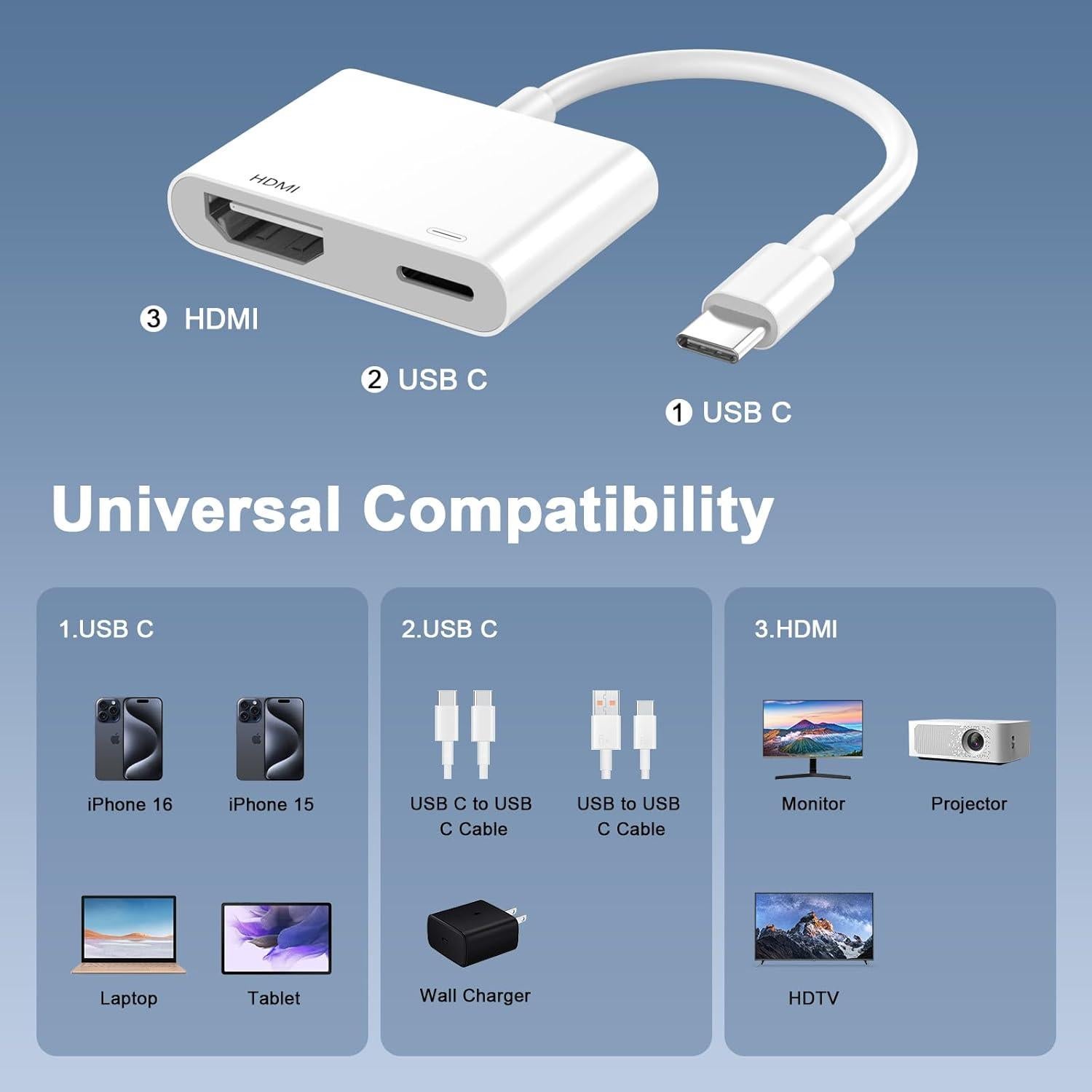 Adaptador USB-C a HDMI 4K 60Hz Apple MFi para iPhone 16/15