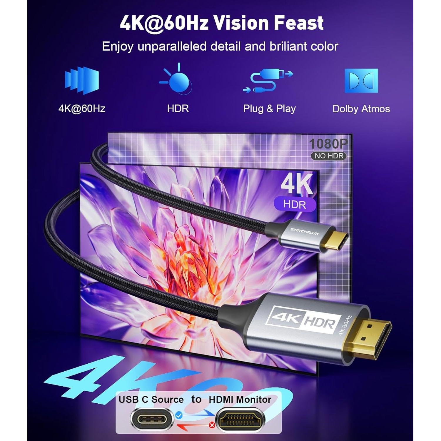 Cable USB-C a HDMI 1.83m SWITCHFLUX 4K 60Hz Alta Velocidad