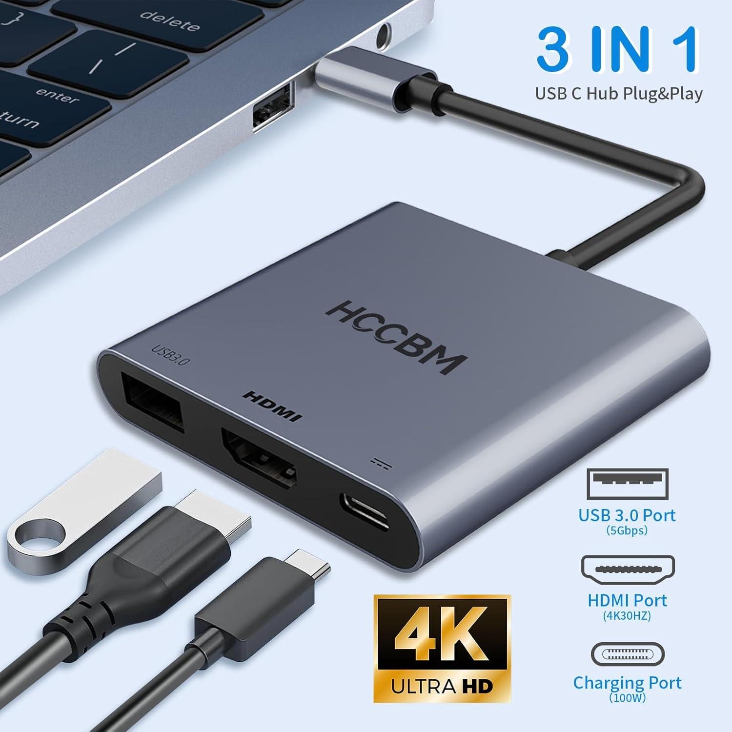 Adaptador USB C a HDMI 4K 100W PD y USB 3.0 - 3 en 1