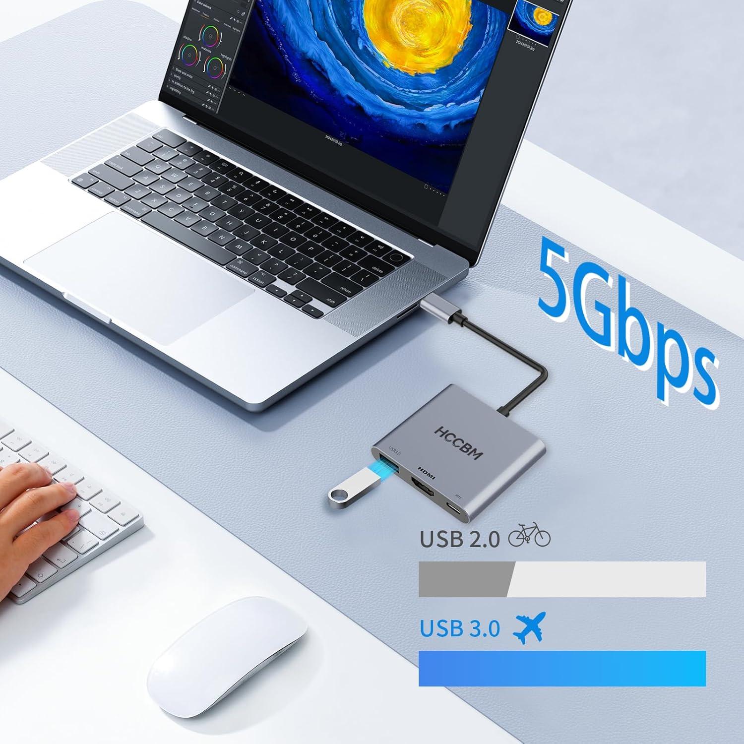 Adaptador USB C a HDMI 4K 100W PD y USB 3.0 - 3 en 1