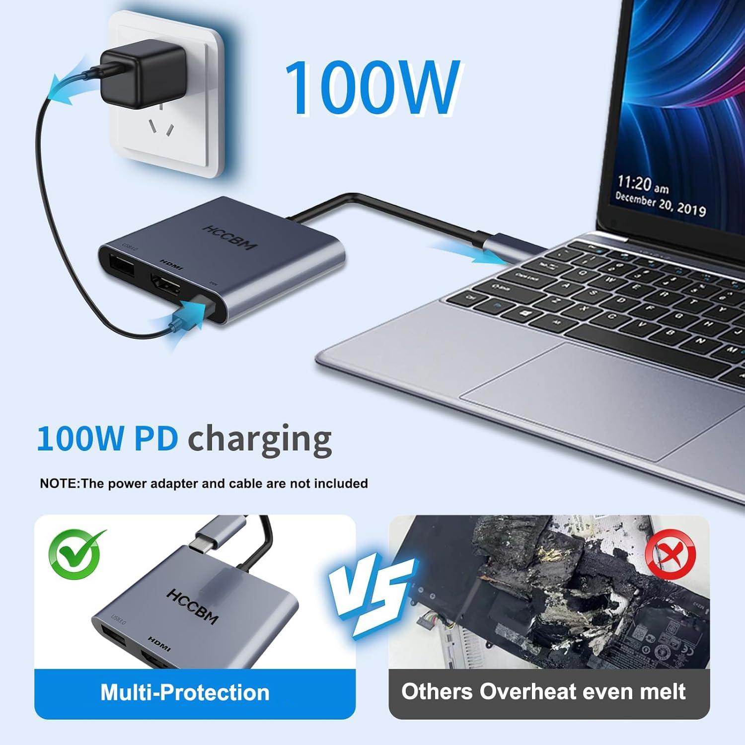 Adaptador USB C a HDMI 4K 100W PD y USB 3.0 - 3 en 1