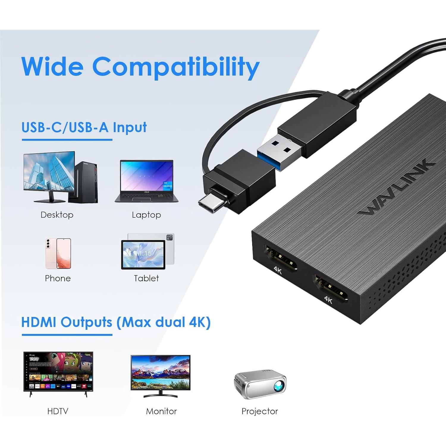 Adaptador WAVLINK USB 3.0 y USB C a Doble HDMI 4K 60Hz