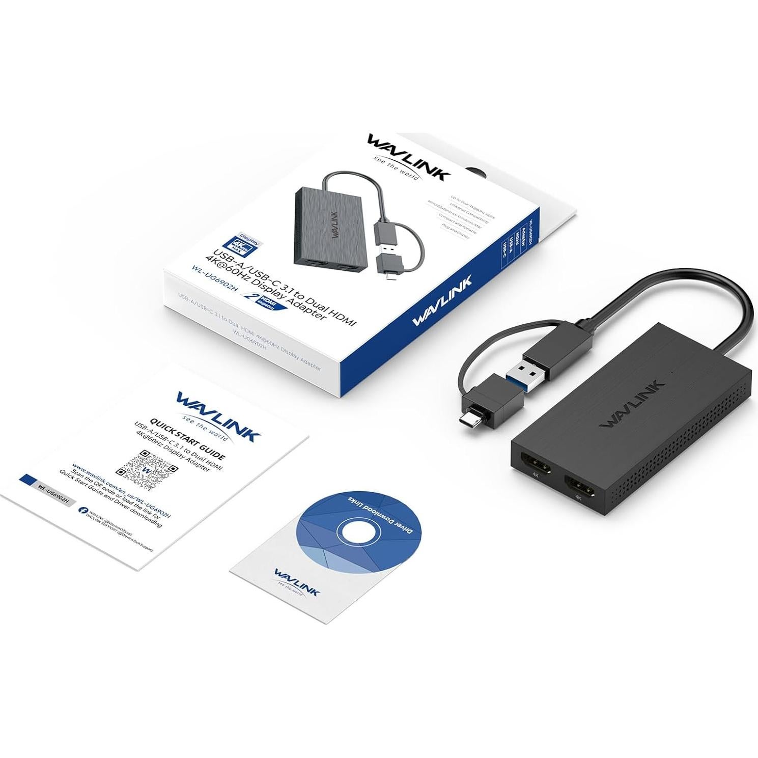 Adaptador WAVLINK USB 3.0 y USB C a Doble HDMI 4K 60Hz