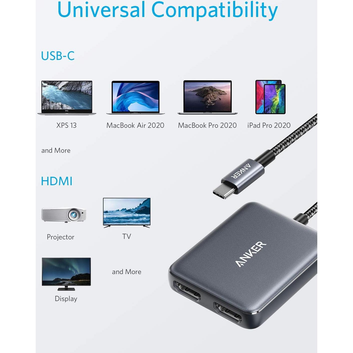 Adaptador USB C a Doble HDMI Anker A8324, 4K@60Hz, Compacto