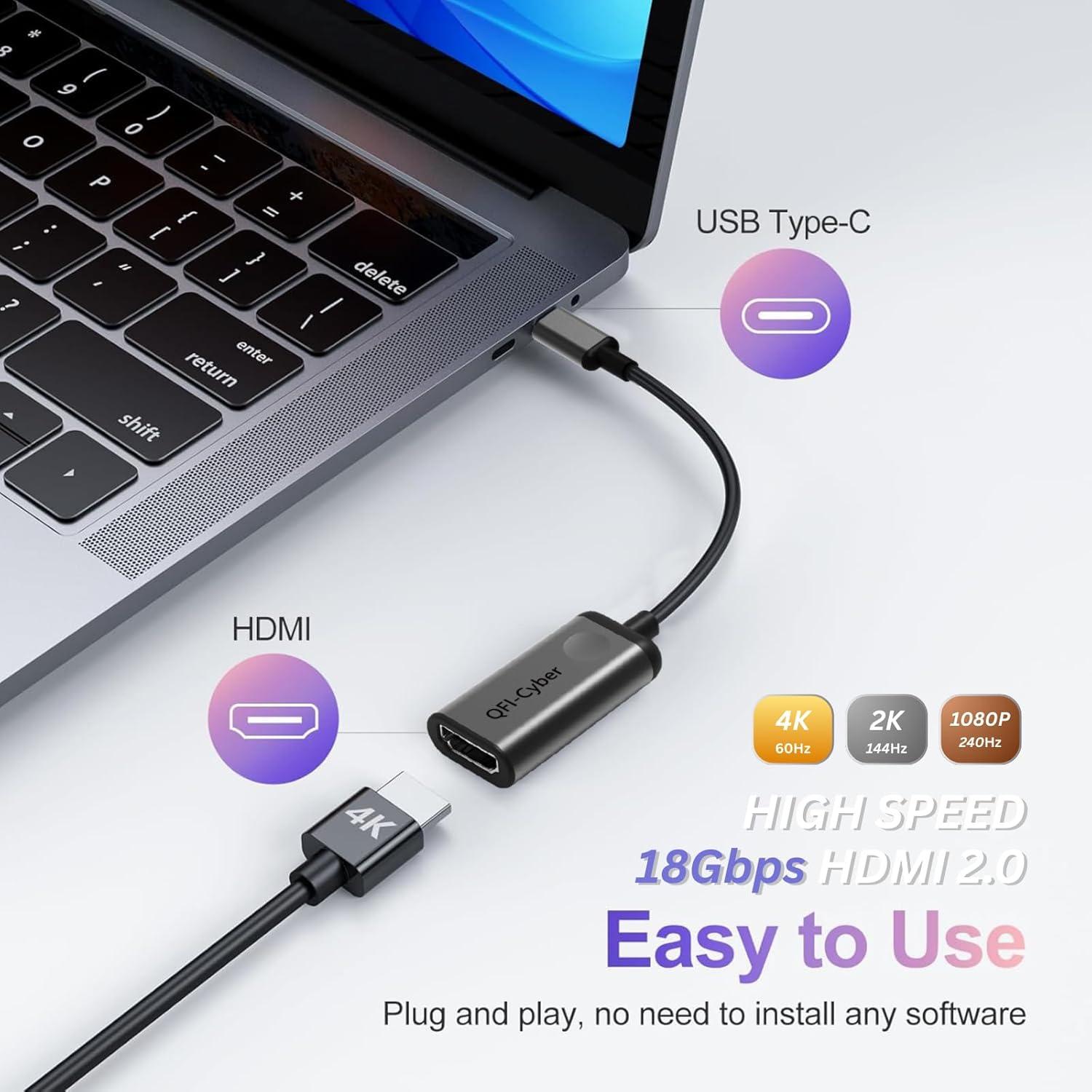 Adaptador USB-C a HDMI 4K QFI-Cyber, Aluminio, Portátil