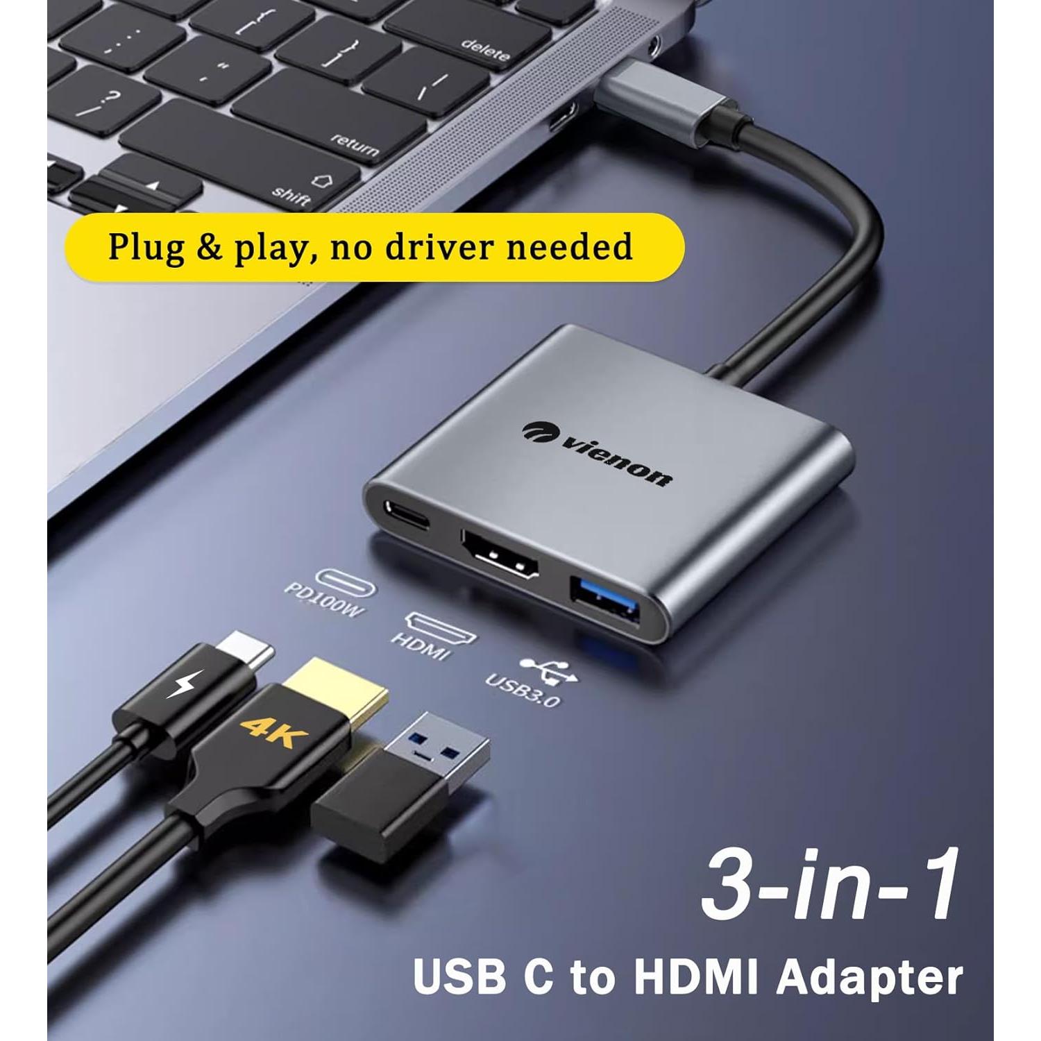 Adaptador Multiport USB C a HDMI 4K + USB 3.0 + Carga 100W