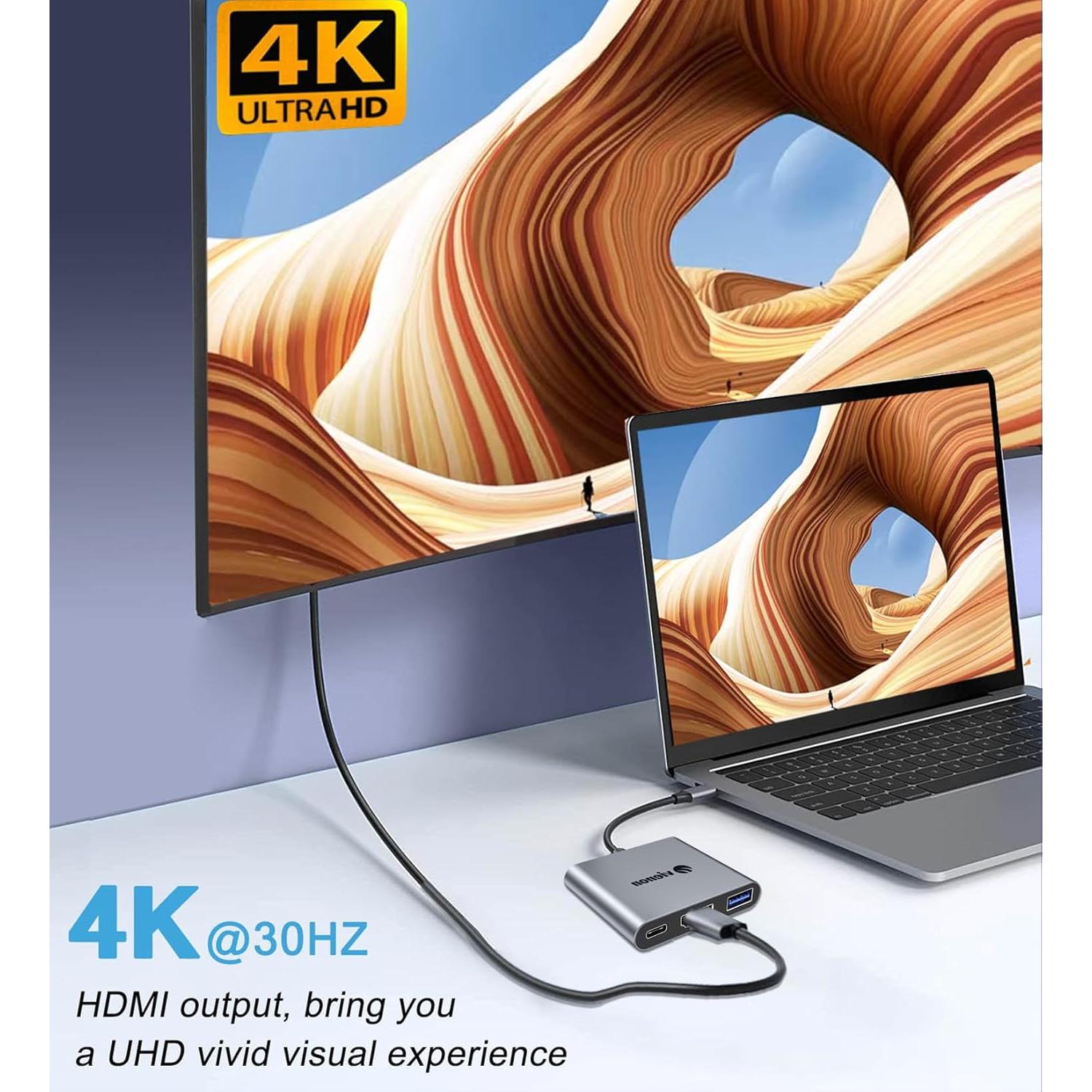 Adaptador Multiport USB C a HDMI 4K + USB 3.0 + Carga 100W