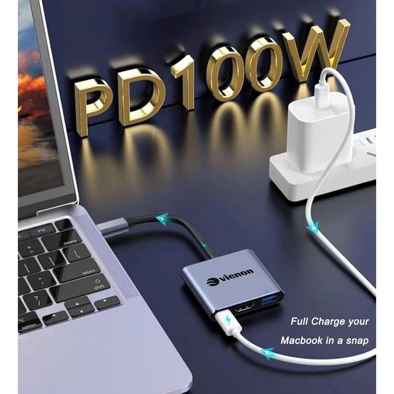 Adaptador Multiport USB C a HDMI 4K + USB 3.0 + Carga 100W