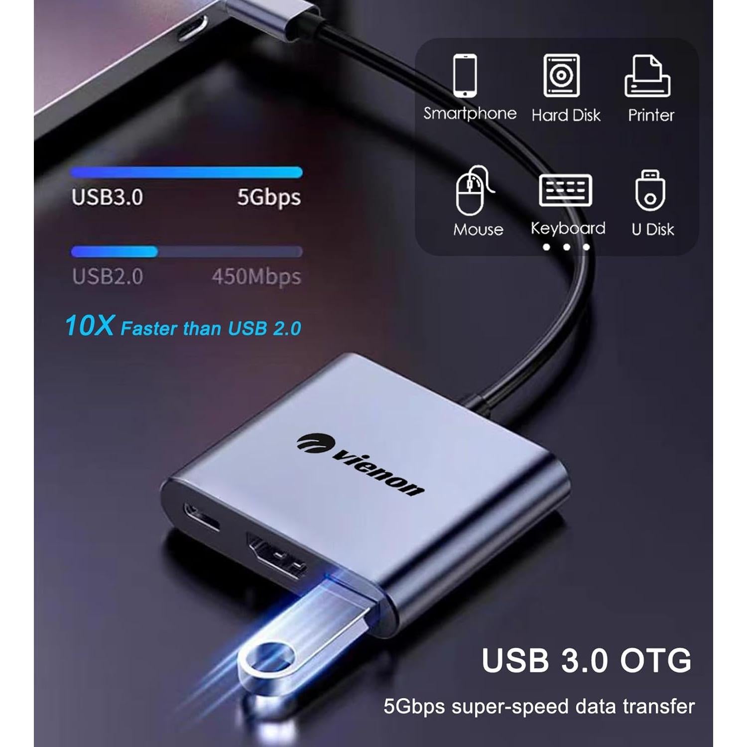 Adaptador Multiport USB C a HDMI 4K + USB 3.0 + Carga 100W