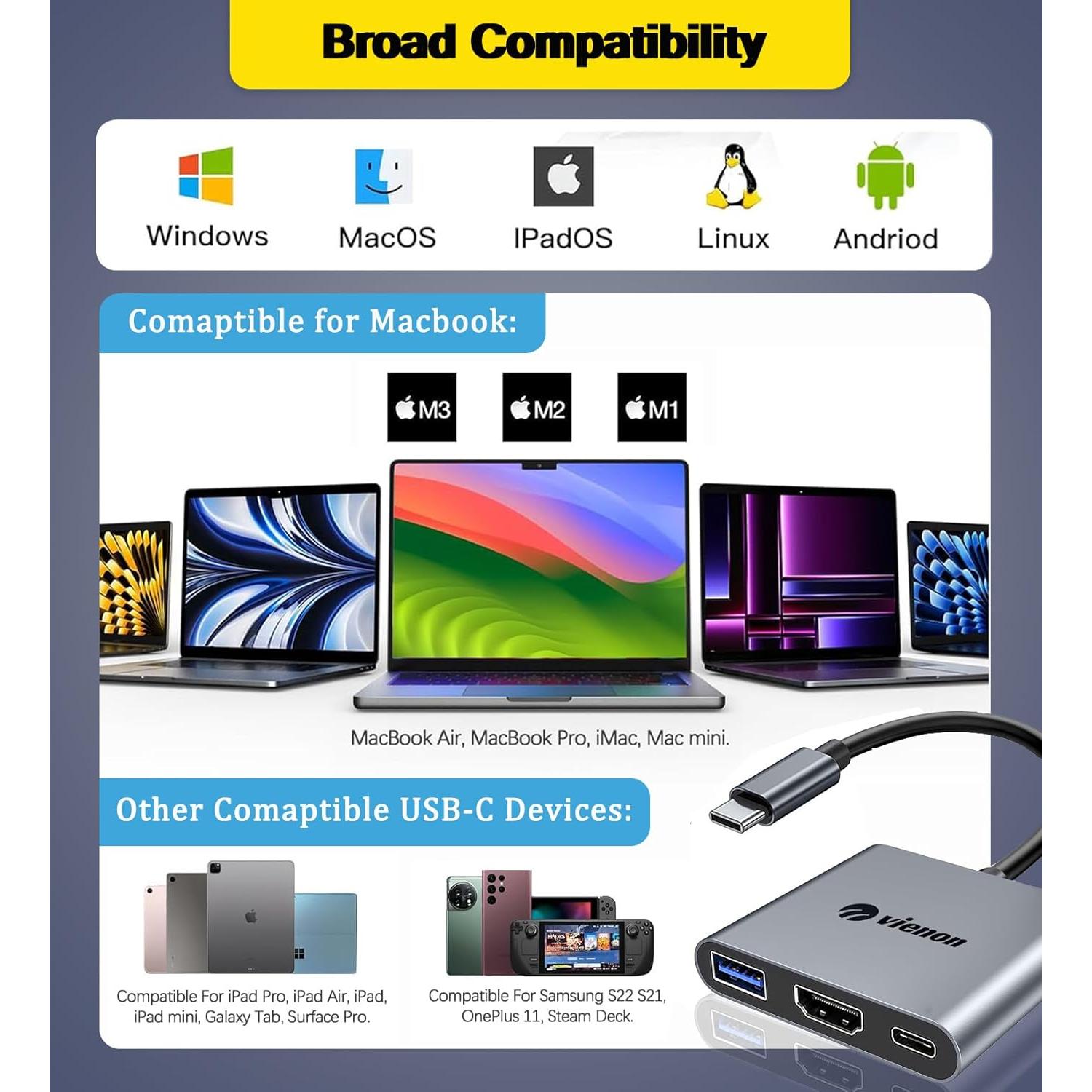 Adaptador Multiport USB C a HDMI 4K + USB 3.0 + Carga 100W