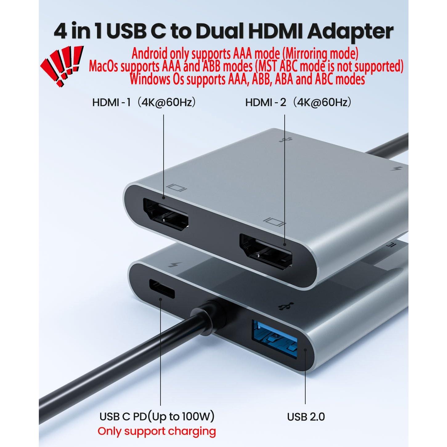 Adaptador USB-C a Doble HDTV Fophmo 4K 100W para 2 Monitores