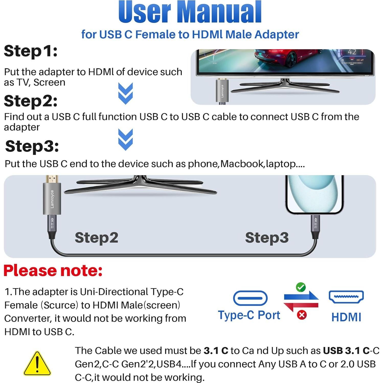 Adaptador USB C a HDMI 4K Lamroyce con Cable 1.22m