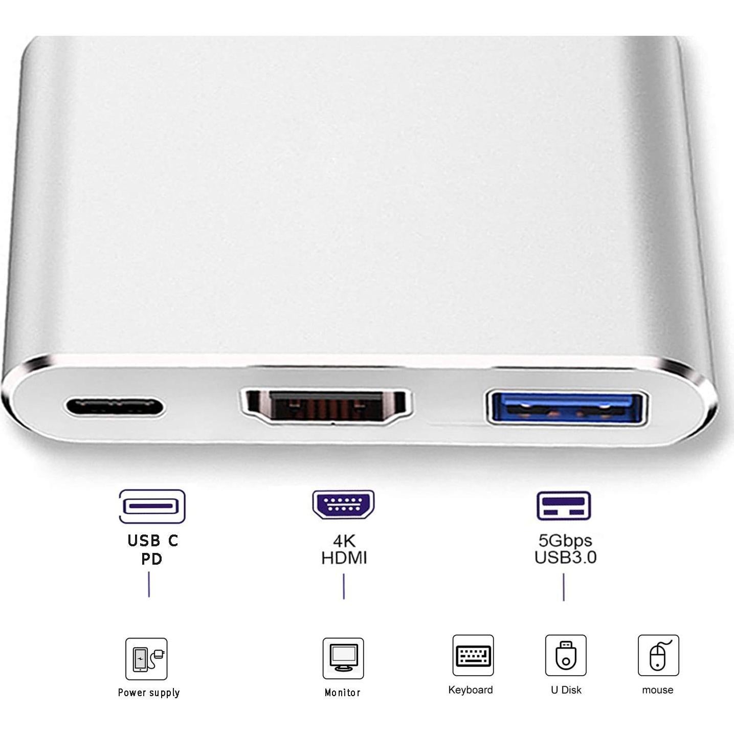 Adaptador USB-C a HDMI 4K Milu - Multiport 3 en 1 Plata