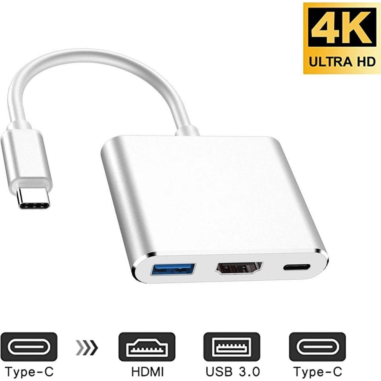 Adaptador USB-C a HDMI 4K Milu - Multiport 3 en 1 Plata