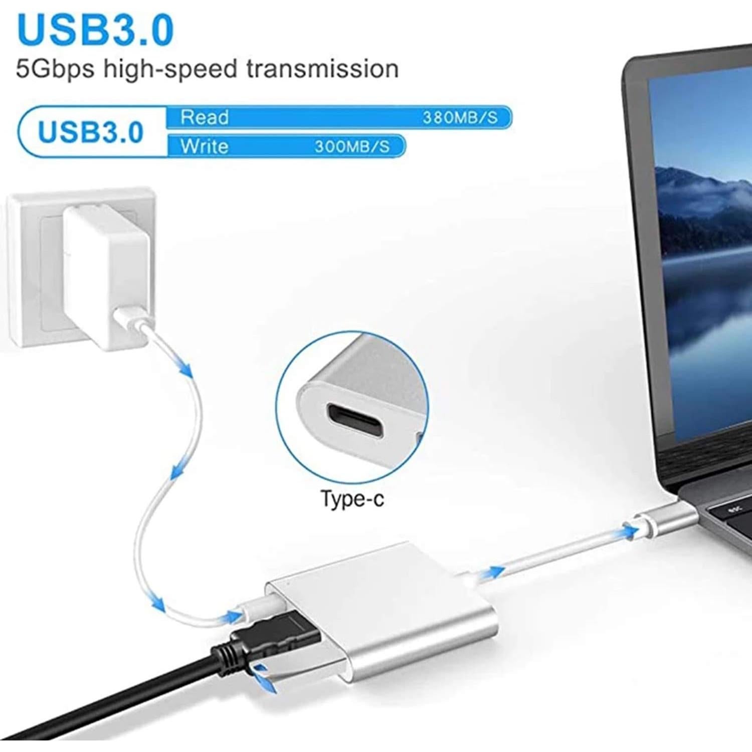 Adaptador USB-C a HDMI 4K Milu - Multiport 3 en 1 Plata